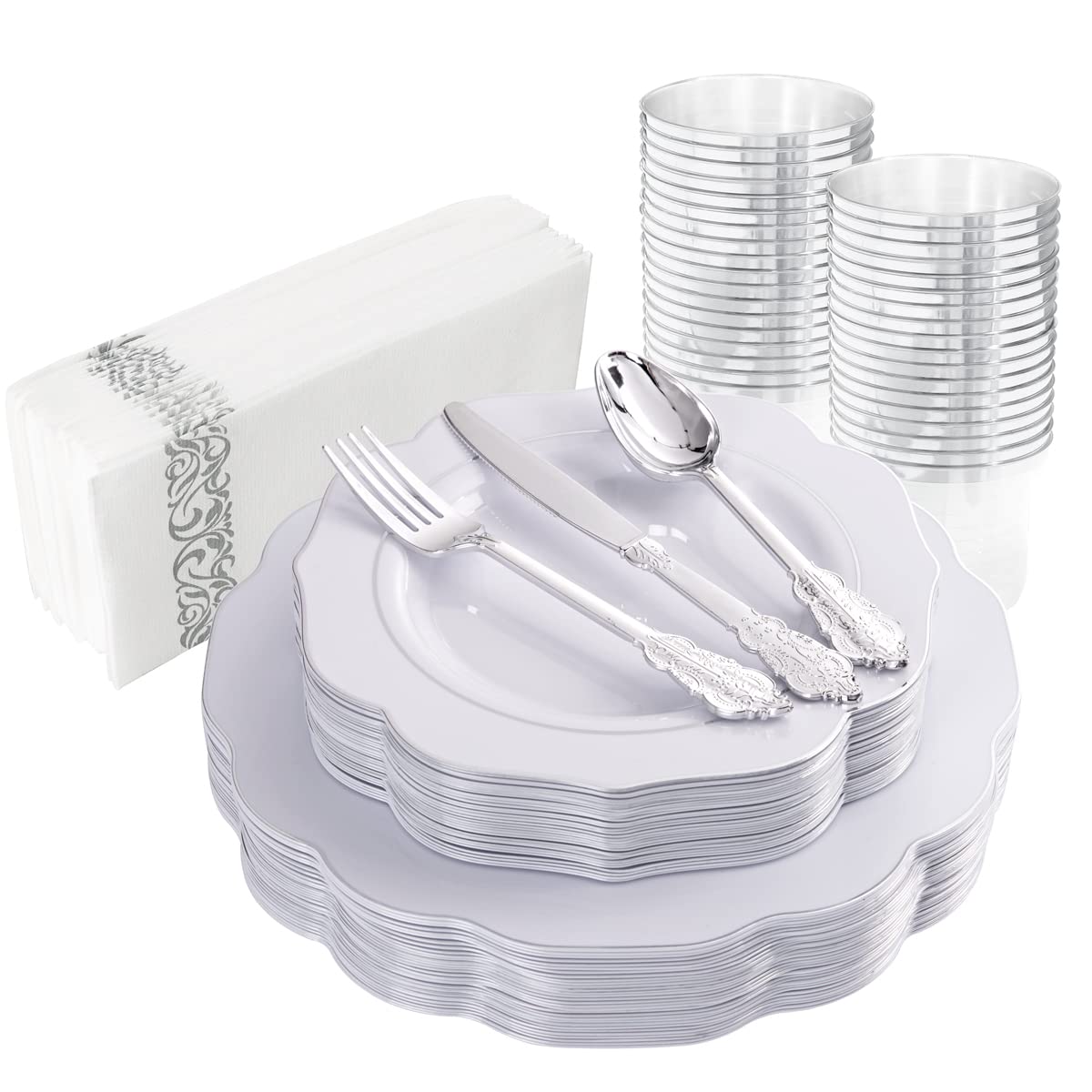 NOCCUR 175-Piece Silver Plastic Dinnerware Set - Elegant Silver Rim Plates & Utensils for Christmas, Weddings, Parties (25 Dinner Plates, 25 Dessert Plates, 25 Forks, 25 Knives, 25 Spoons) - Perfect for Holiday Gatherings, Catering Events & Special Occasions