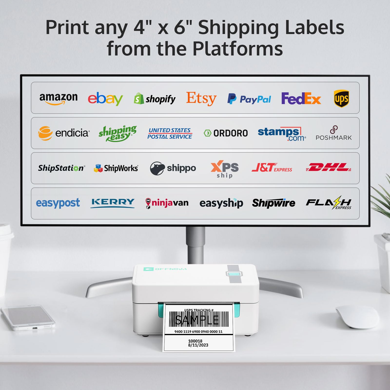 OFFNOVA 4x6 Bluetooth Thermal Label Printer for Shipping & Small Business - Compatible with USPS, eBay, Shopify, Etsy - Works with Windows, Mac, iOS, Android - Perfect for E-commerce, Warehousing & Logistics