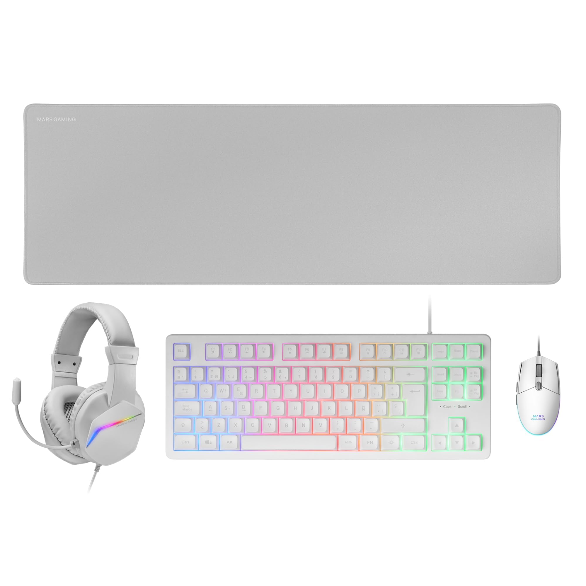 MARSGAMING MCP-RGB3 Gaming Keyboard and Mouse Combo with RGB Lighting, 3200 DPI RGB Gaming Mouse, Over-Ear RGB Headset & XXL Mouse Pad - White (Portuguese Layout) - Perfect for PC Gaming, Streaming & Esports