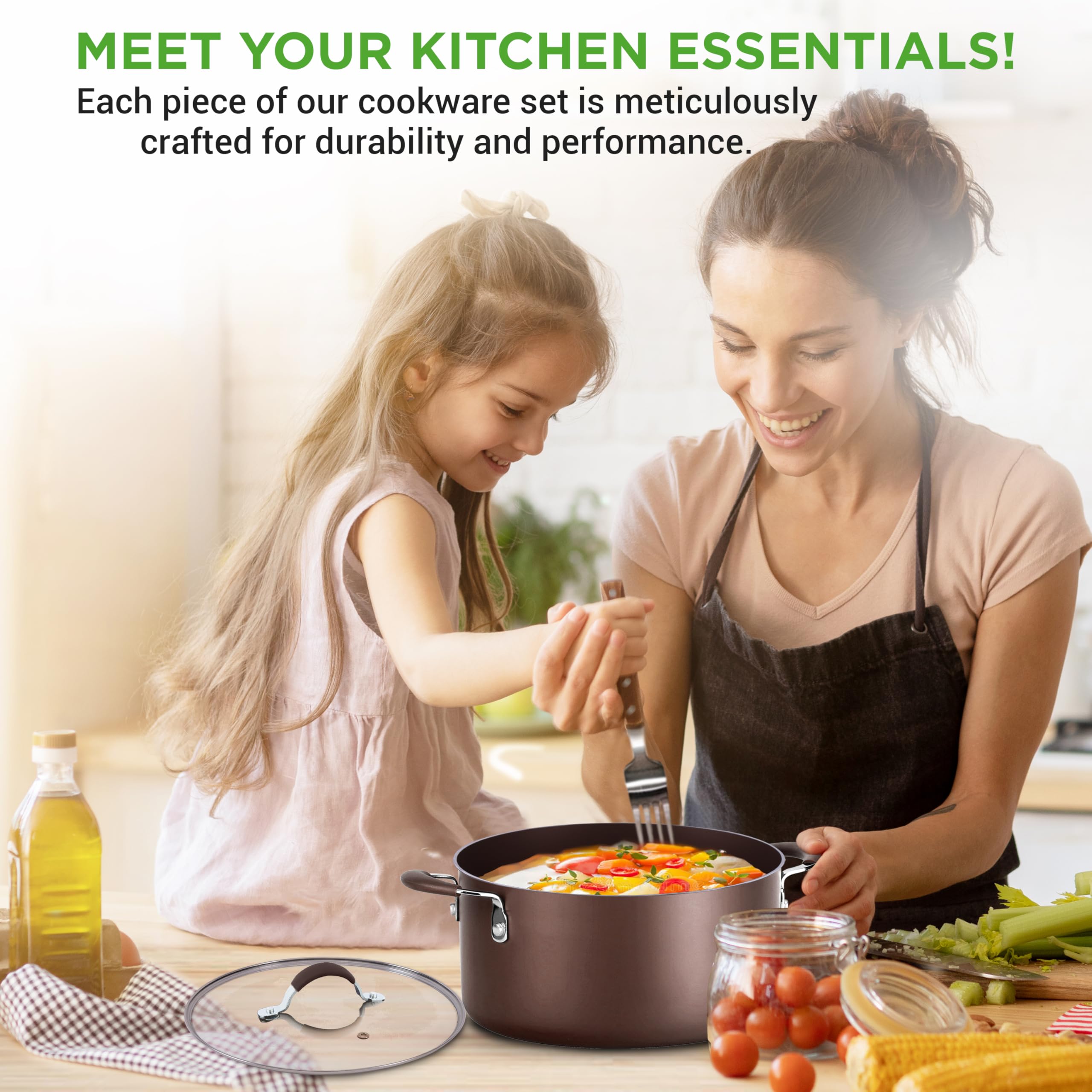 NutriChef 14-Piece Nonstick Brown Cookware Set - Scratch-Resistant Pots & Pans with Glass Lids & Utensils - Induction Compatible for Gas, Electric, Ceramic & Halogen Stoves - Perfect for Frying, Sautéing & Everyday Cooking