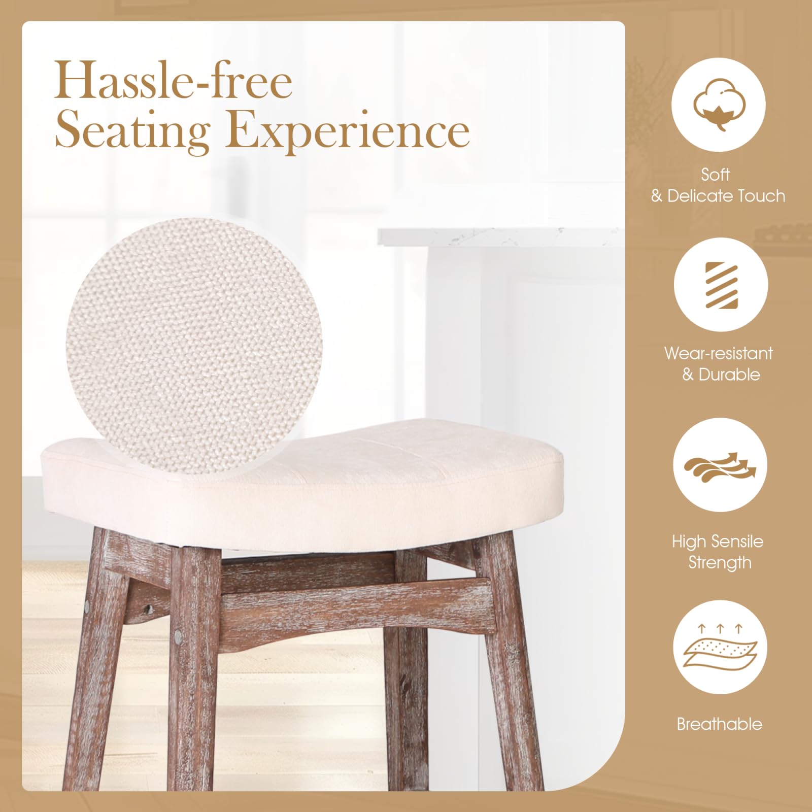 Sophia & William Modern White Bar Stools Set of 2 - 24 Inch Counter Height Bar Chairs with Linen Fabric Seat & Solid Wood Legs - Perfect for Kitchen Islands, Breakfast Bars, and Home Bars