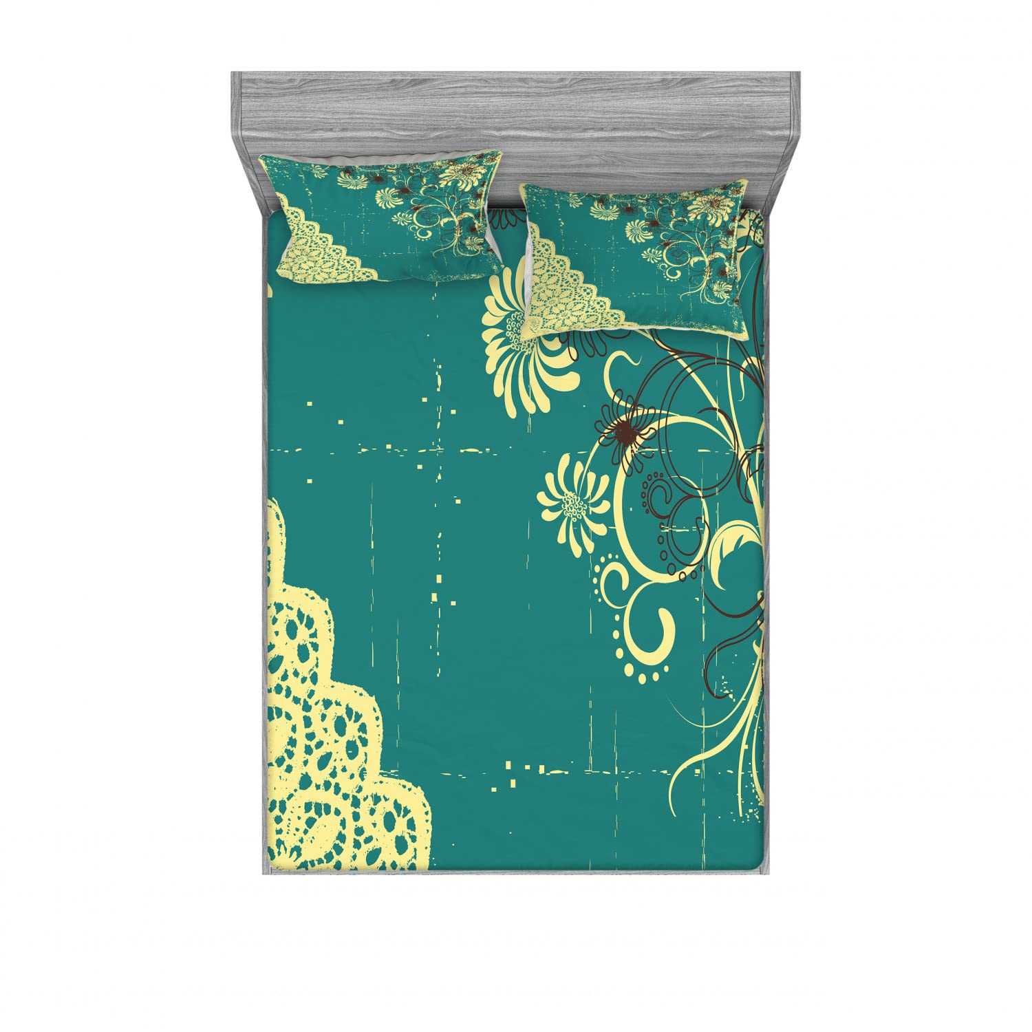 Ambesonne Abstract 2-Piece Queen Fitted Sheet Set with 4 Pillow Shams - Retro Floral Lace Frame Design in White & Jade Green | Soft Bedding Collection for Master Bedroom, Guest Room & Vacation Home Decor