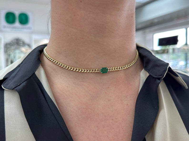 1.90ct 14K Gold Genuine Dark Green Emerald Cuban Link Chain Necklace for Men & Women - Perfect for Gifts, Weddings & Special Occasions