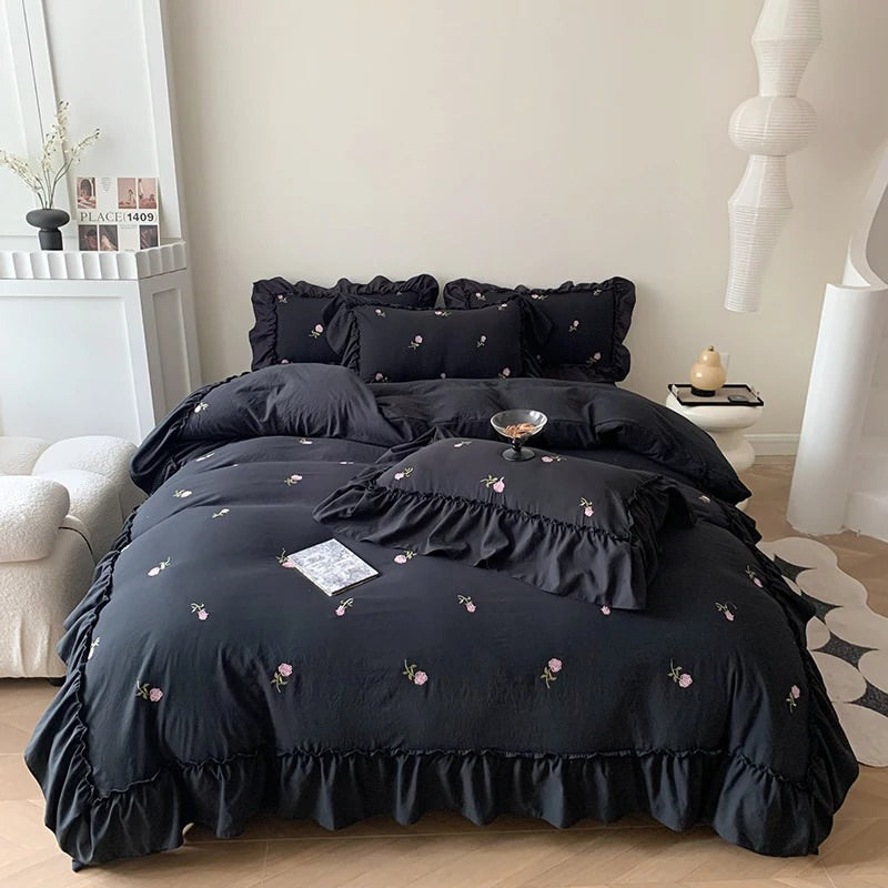 Elegant Coquette Roses Ruffle Duvet Cover Set with Shams - Romantic Floral Bedding for Master Bedroom & Guest Room Decor