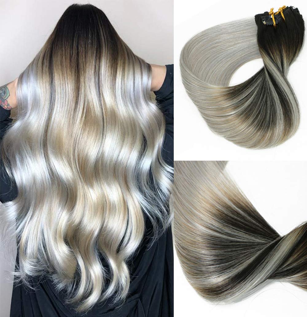 HUAYI Black To Gray Ombre Clip-In Human Hair Extensions 14-22 Inch 120g 7Pcs Set - Soft Silky Thick Ends Tangle-Free Full Head Hair Extensions Balayage Style (1BGray#22'') - Perfect for Parties, Weddings & Daily Styling
