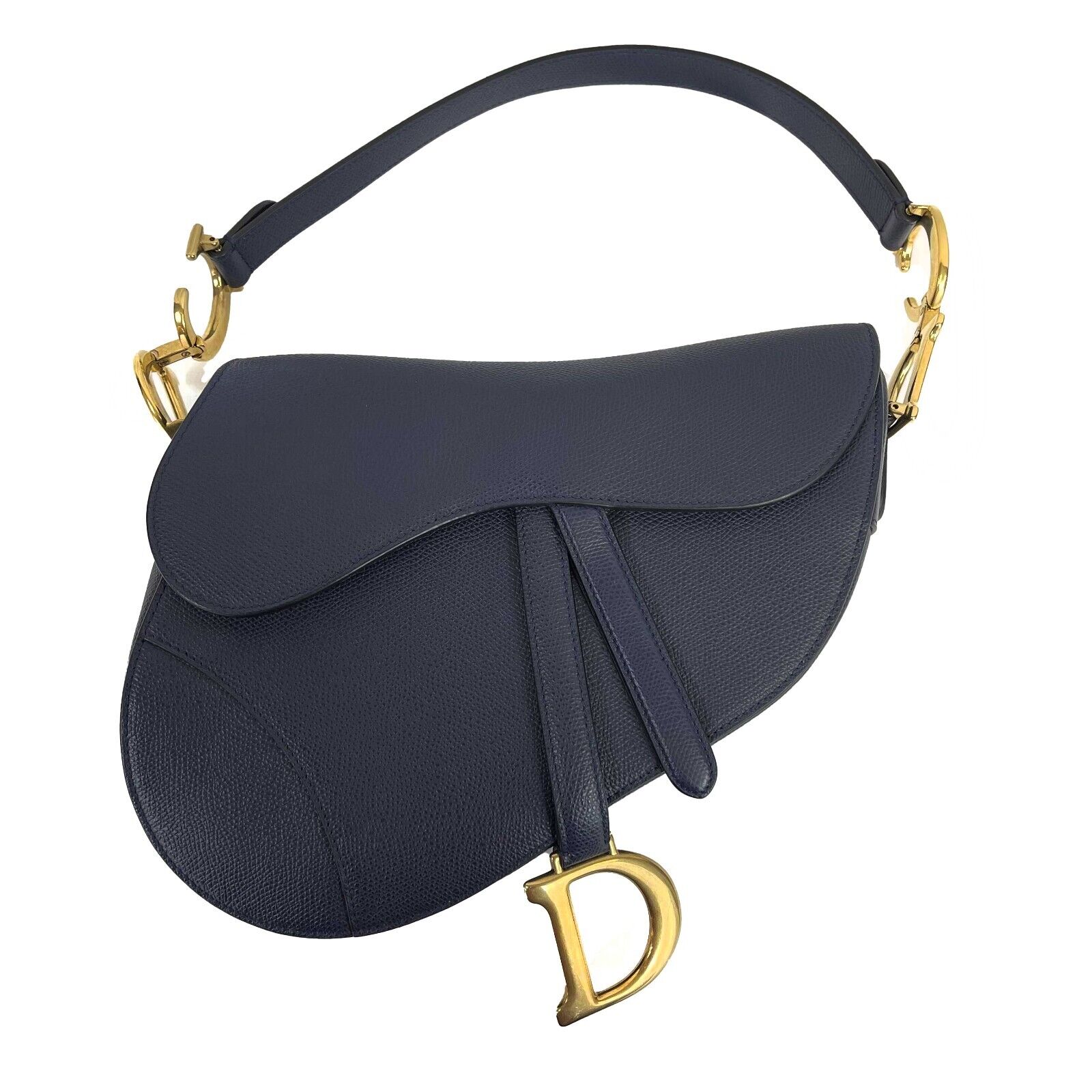 Christian Dior Calfskin Leather Saddle Bag - Navy Blue & Gold CD Shoulder Bag for Women | Luxury Designer Handbag for Everyday Use, Work & Special Occasions