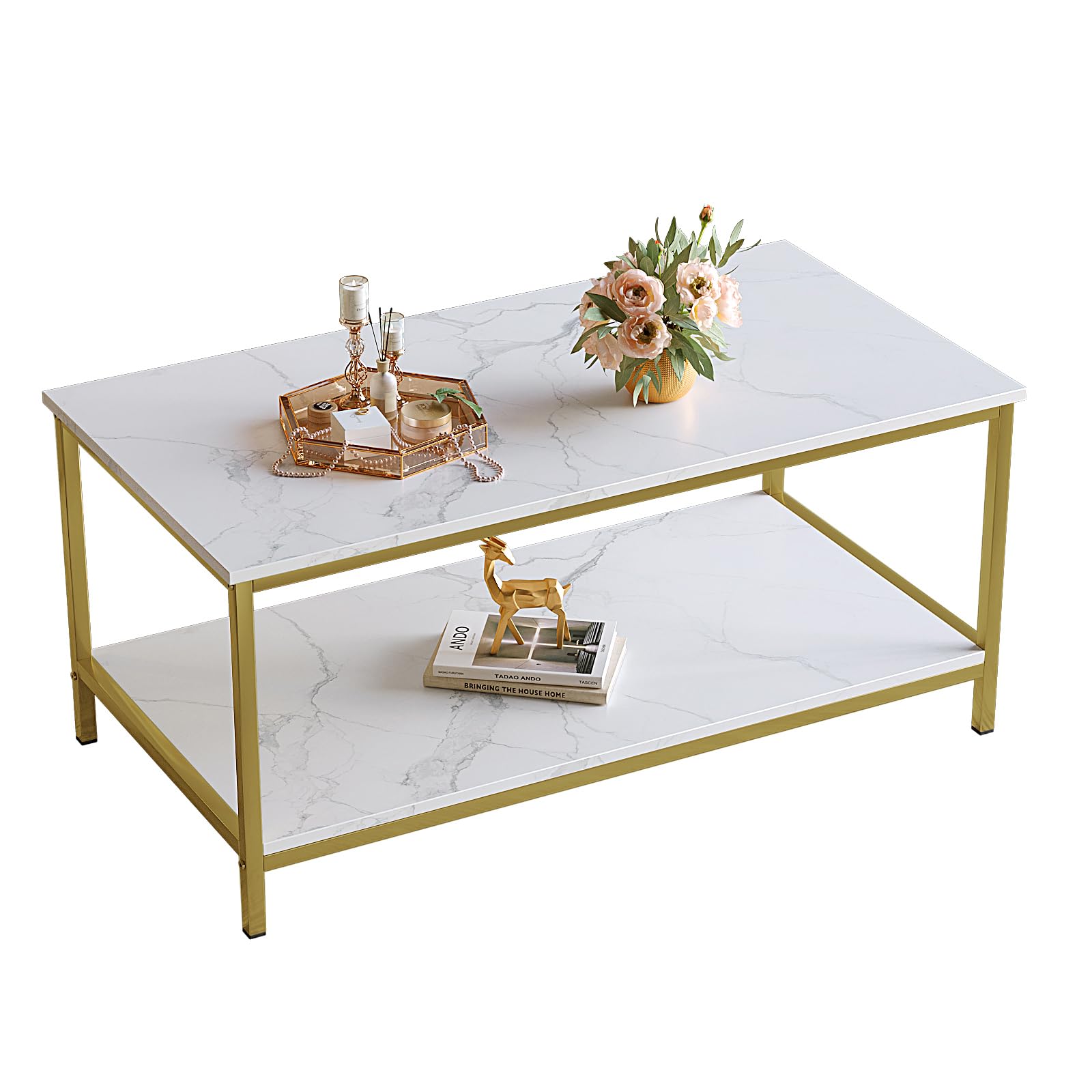 SAYGOER Modern 2-Tier Coffee Table - Industrial Rectangle Wood End Table in White Gold for Living Room, Home Office & Small Spaces | Perfect for Lounge, Apartment Decor & Coffee Serving