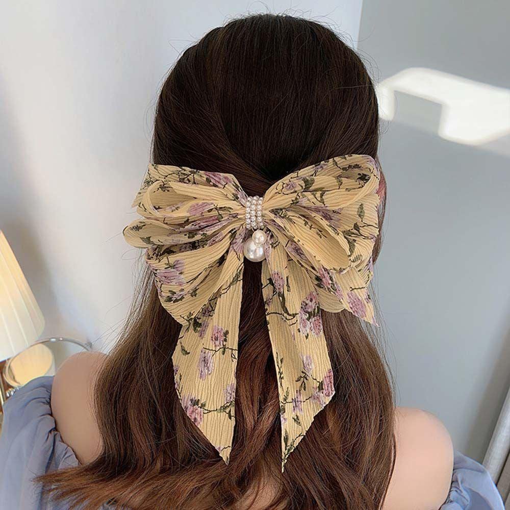 ASG Floral Korean Pearl Chiffon Bow Hair Clip - Large Bowknot Spring Hairpin for Women & Girls, Strong Hold Hair Accessory for Wedding, Party & Daily Use