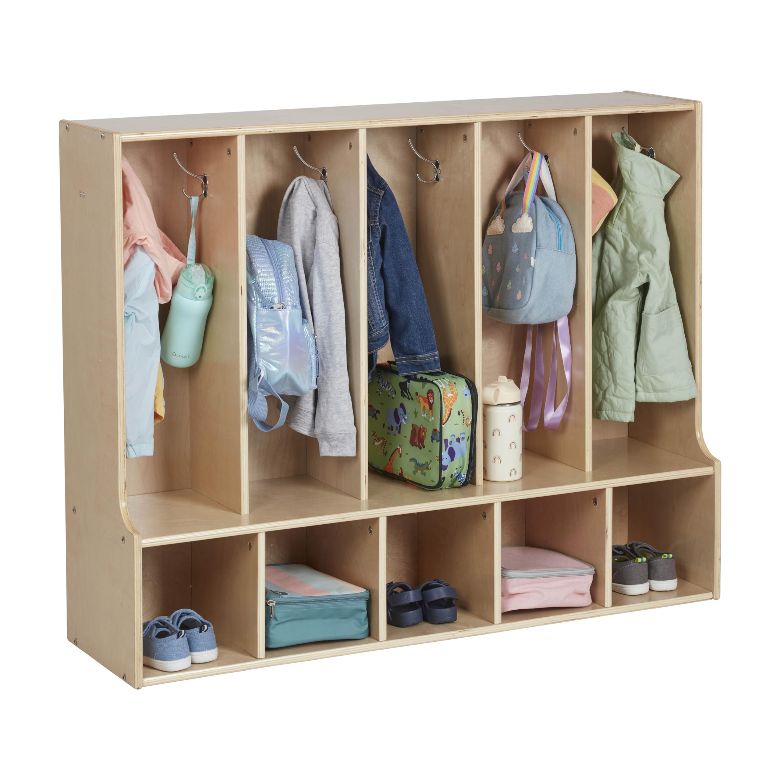 ECR4Kids 5-Section Toddler Coat Locker with Bench - Natural Wood Classroom Storage Furniture for Daycare, Preschool & Kindergarten Organization