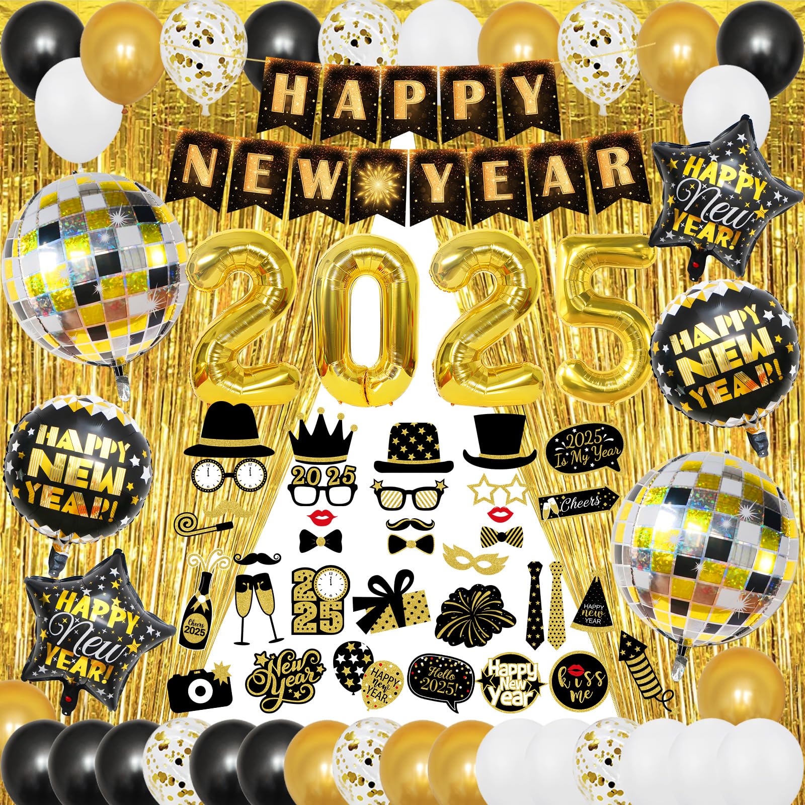 2025 New Year's Eve Party Supplies Kit - 74-Piece Set with 4D Disco Ball Balloons, Happy New Year Banner, Fringe Curtain & NYE Decorations for 2025 Celebrations | Perfect for Home Parties, Countdown Events & New Year Decorations