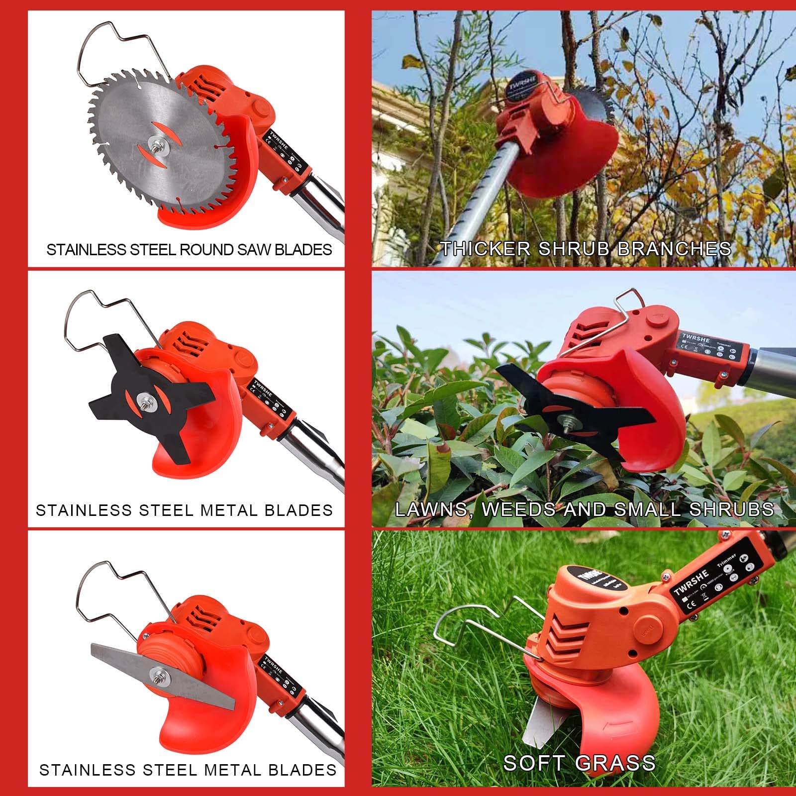 **2-in-1 Cordless Electric Brush Cutter & Weed Trimmer – 3-Function Blades, 2 x 4Ah Batteries, Lightweight & Powerful for Garden, Yard, Lawn, and Brush Trimming (Red) – Perfect for Homeowners & Landscapers**