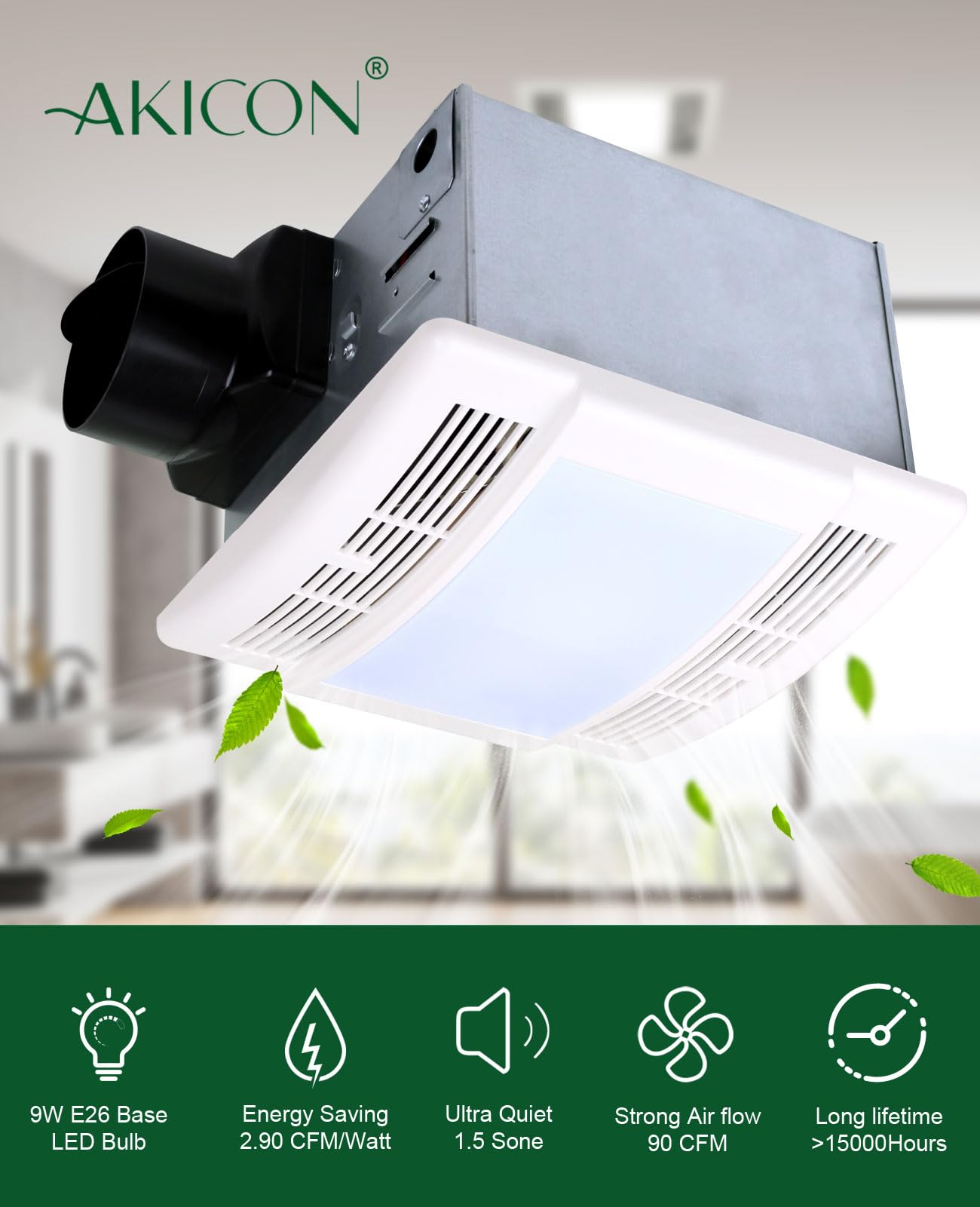 Akicon Ultra Quiet 90 CFM Bathroom Exhaust Fan with LED Light - 1.5 Sones Ventilation Fan for Bathroom, Home & Office - Powerful Air Circulation for Moisture & Odor Control - Perfect for Showers, Laundry Rooms & Small Spaces - 3 Year Warranty