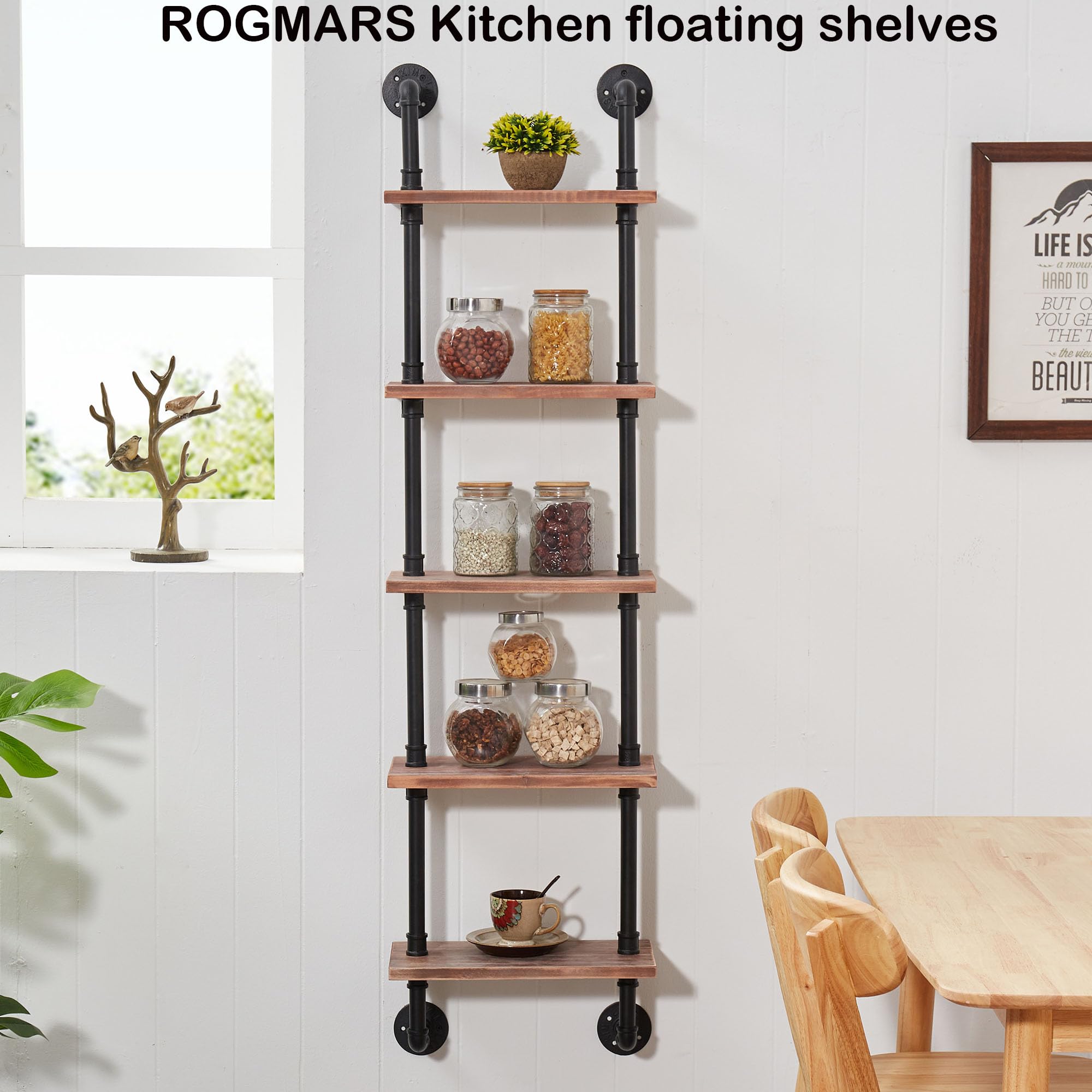 ROGMARS 15 Inch 5-Tier Industrial Pipe Shelves - Rustic Wood Ladder Bookshelf, Wall Mounted Floating Shelf for Living Room Decor & Storage | Perfect for Home Office, Bedroom, and Displaying Plants, Books, Photos