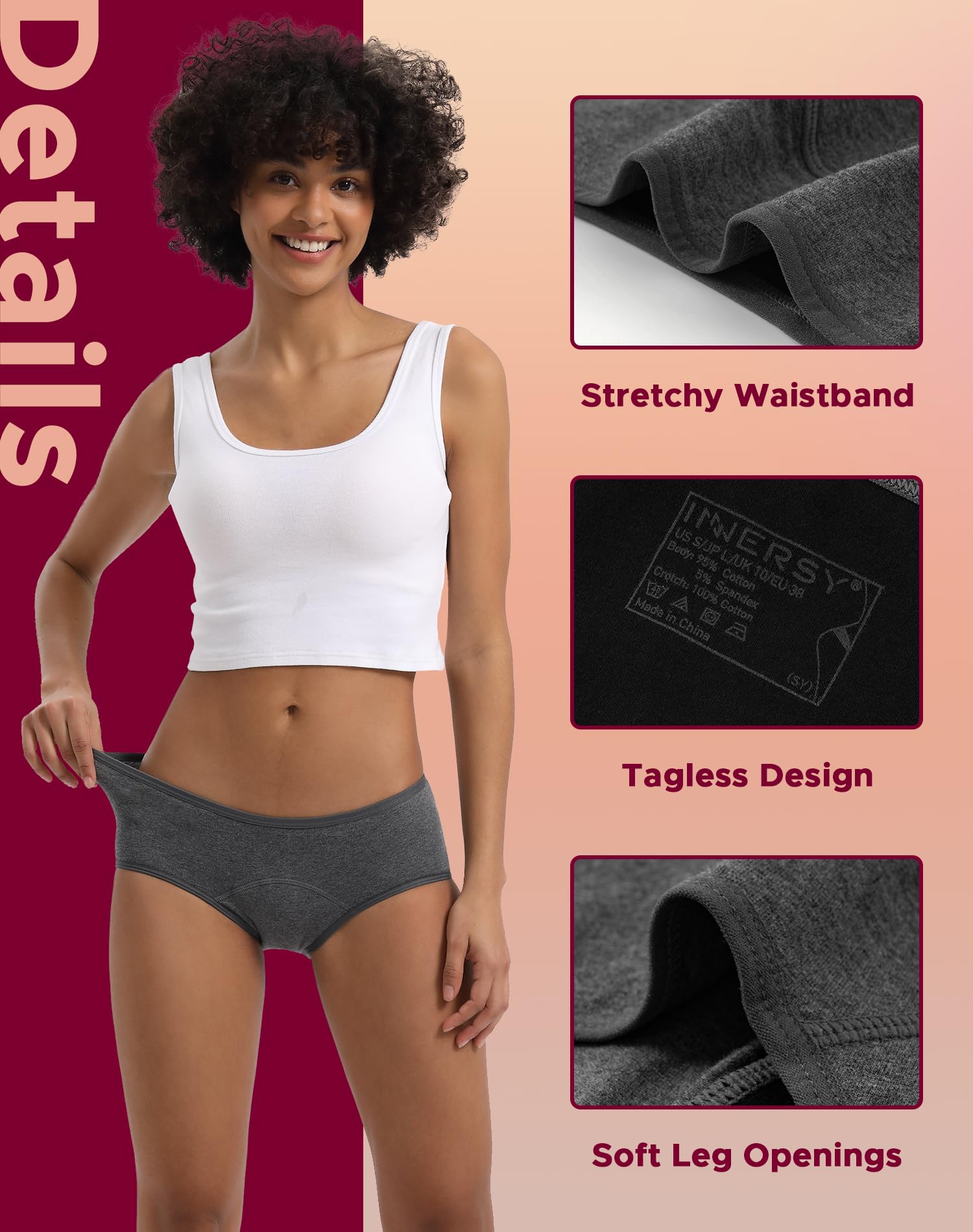 INNERSY Women's Hipster Period Underwear - 3 Pack Absorbent Leakproof Menstrual Panties for Postpartum, Teens & Women | Comfortable for Sleep, Workout & Daily Wear
