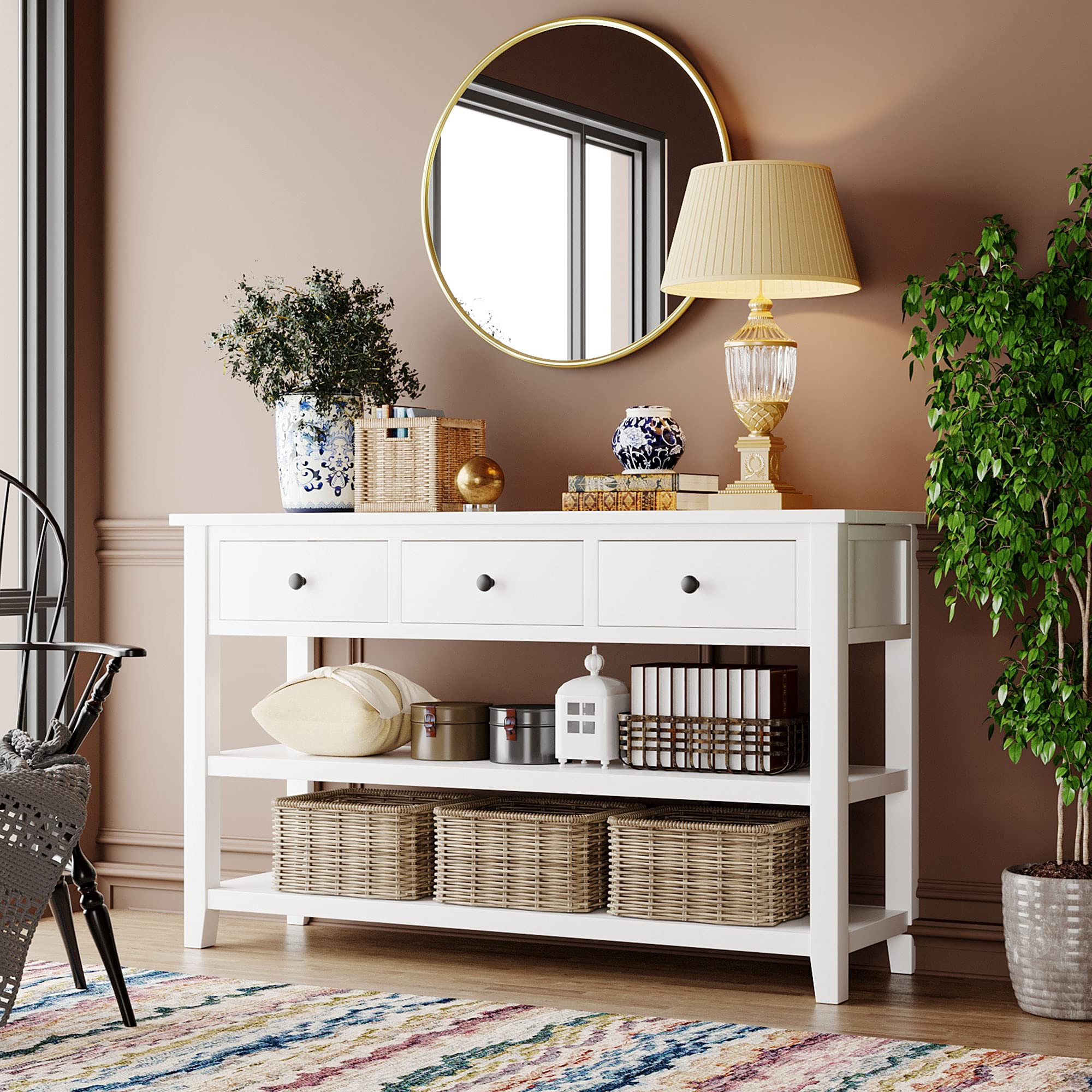 Mid-Century Modern Entryway Console Table with 3 Drawers & Open Shelves - 50