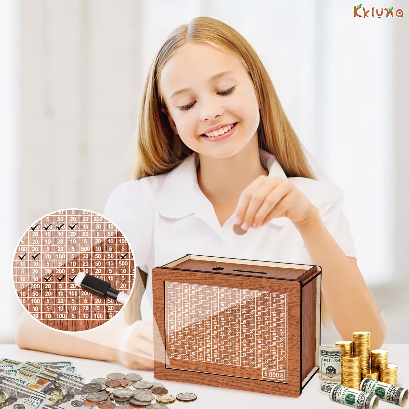 5000 Kakeibo Money Box - Reusable Wooden Savings Challenge Box for Adults & Kids | Cash Vault & Piggy Bank for Financial Goals | Perfect for Home, Office, or Gift Giving
