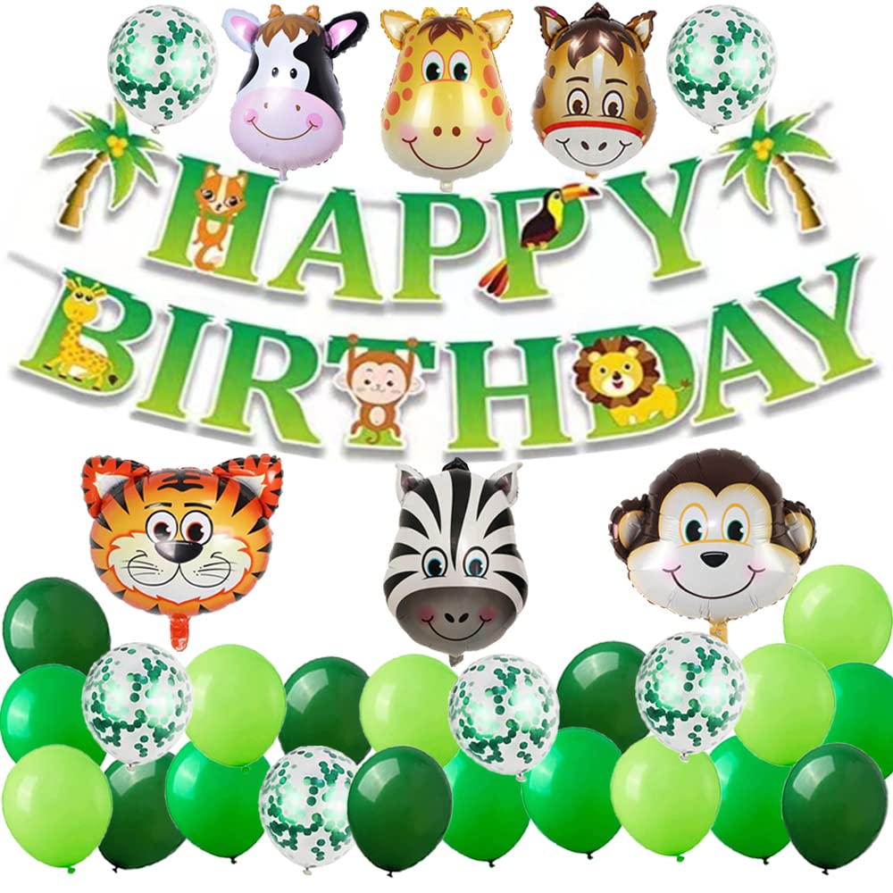 Jungle Wildlife Themed Party Decorations Set - Kids Zoo Birthday Supplies with Happy Birthday Banner, Animal Balloons (Tiger, Zebra, Monkey, Cow, Deer, Donkey) & Green Balloons - Perfect for Safari Birthday Parties, Baby Showers & Wild Animal Themed Events