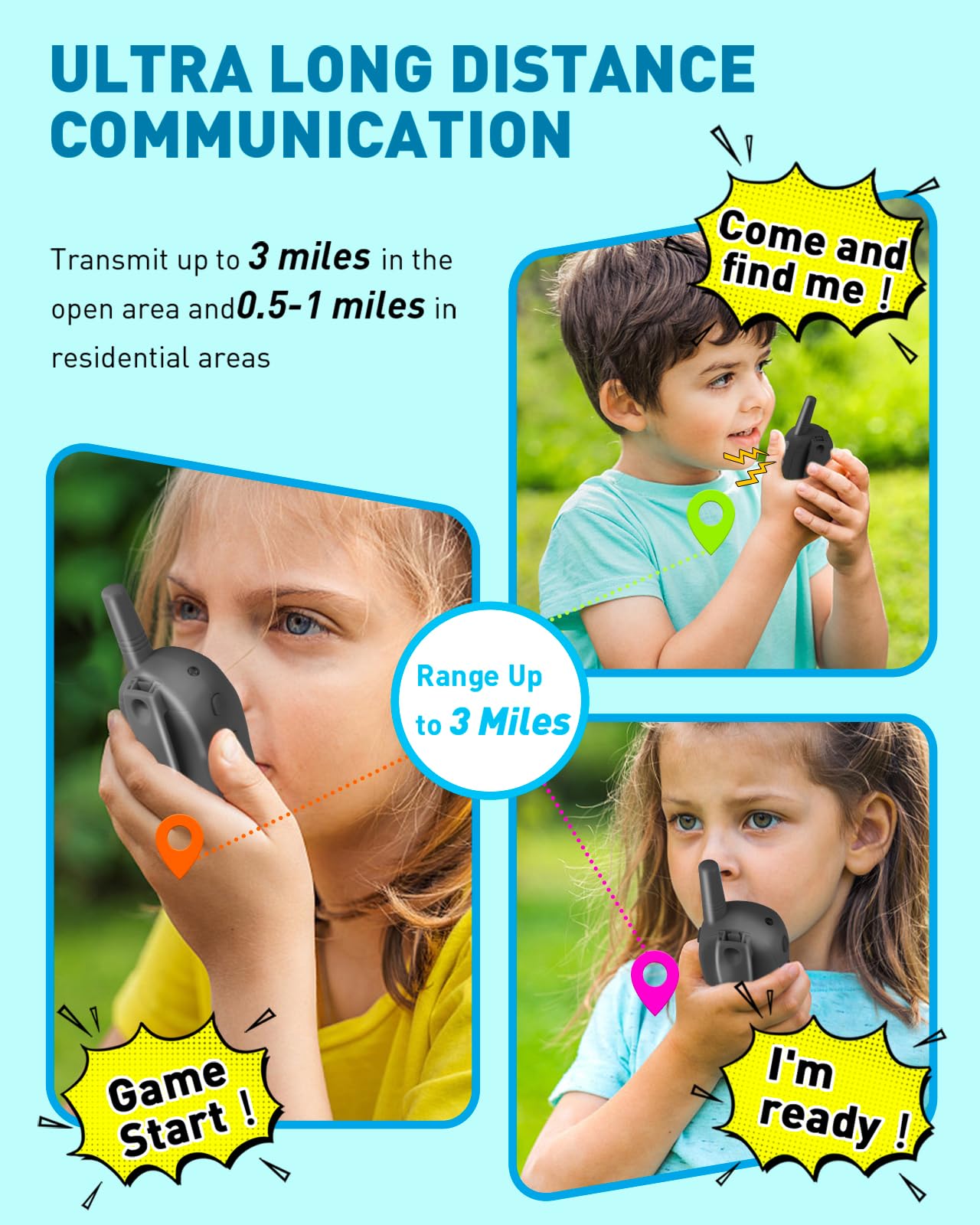 Long Range Walkie Talkies for Kids - Rechargeable 2 Pack with Replaceable Shells, Backlit LCD & Flashlight - 3 Mile Range - Perfect for Outdoor Adventures, Camping, and Playtime - Toys for Boys and Girls Ages 5-7