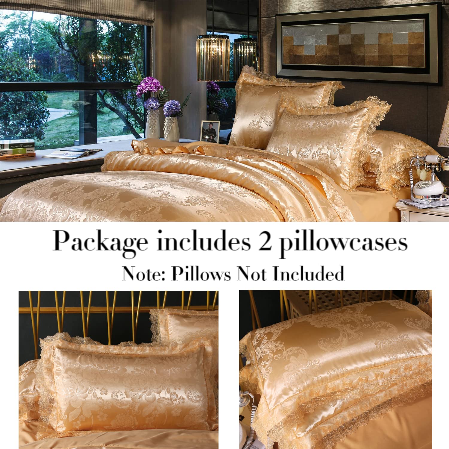 Luxury Queen Duvet Cover Set - 3-Piece Jacquard Bedding with Elegant Lace Trim in Gold for Master Bedroom Decor & Hotel Style Comfort
