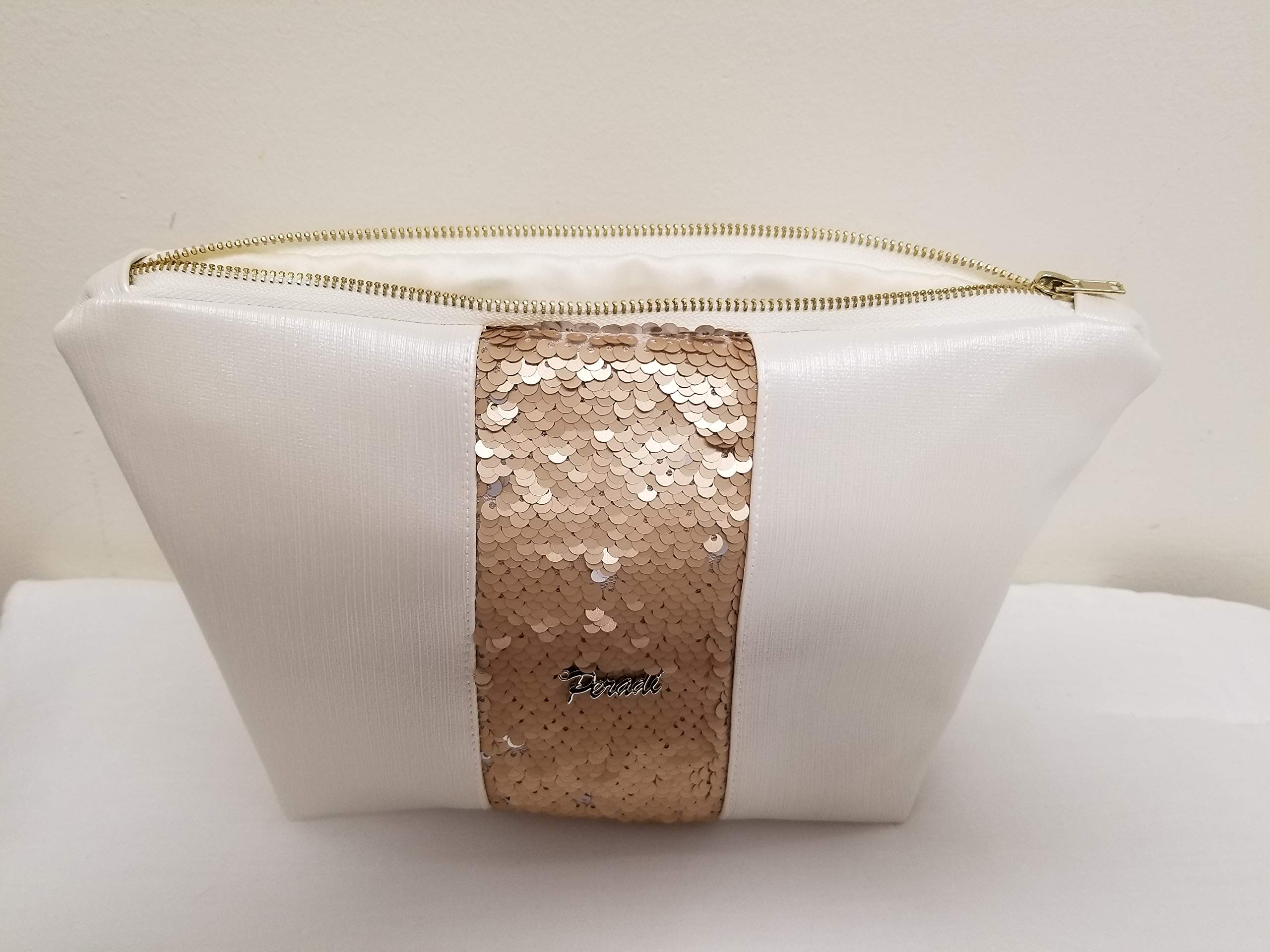 Peradi Large Ivory Makeup Bag with Gold/Silver Reversible Sequins & Zipper - Travel Cosmetic Organizer for Women, Bridal Party, Vacation Essentials