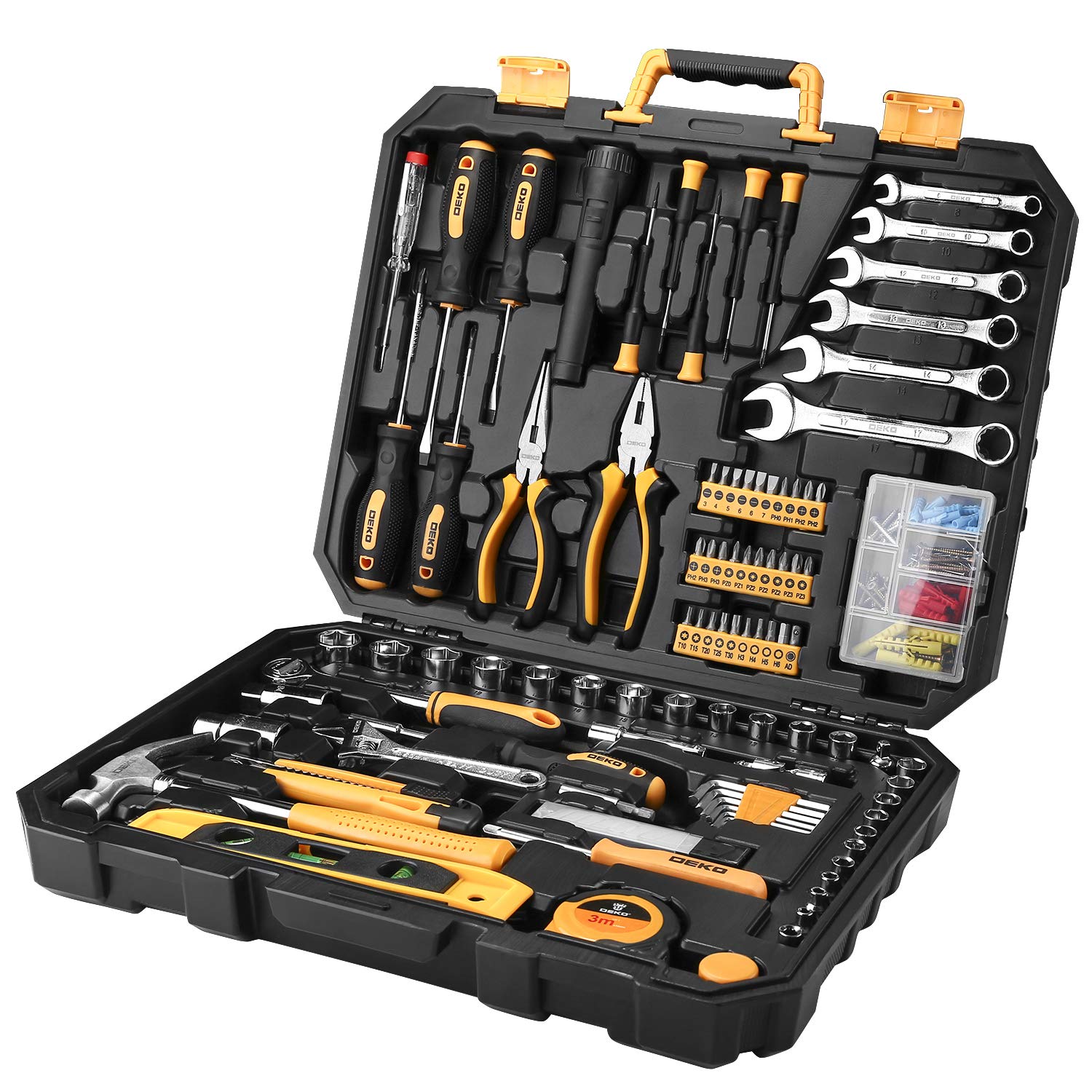 DEKOPRO 208-Piece Tool Set - General Household & Auto Repair Hand Tool Kit with Durable Plastic Toolbox Storage Case - Perfect for DIY Projects, Home Repairs, and Car Maintenance