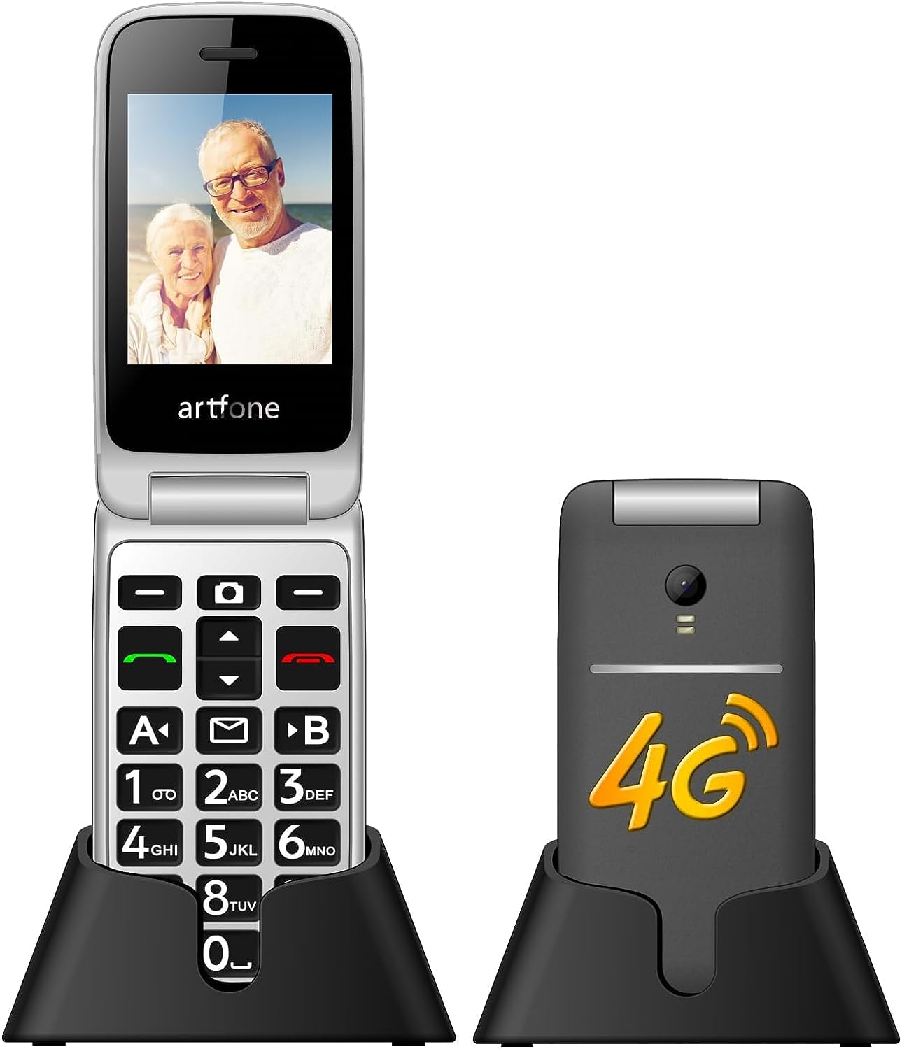 Artfone 4G Unlocked Flip Phone for Seniors - SOS Emergency Button, Large Buttons, Big Display | Senior-Friendly Basic Cell Phone with Camera, FM Radio, Flashlight & Charging Dock (Gray) | Perfect for Elderly Safety & Easy Communication