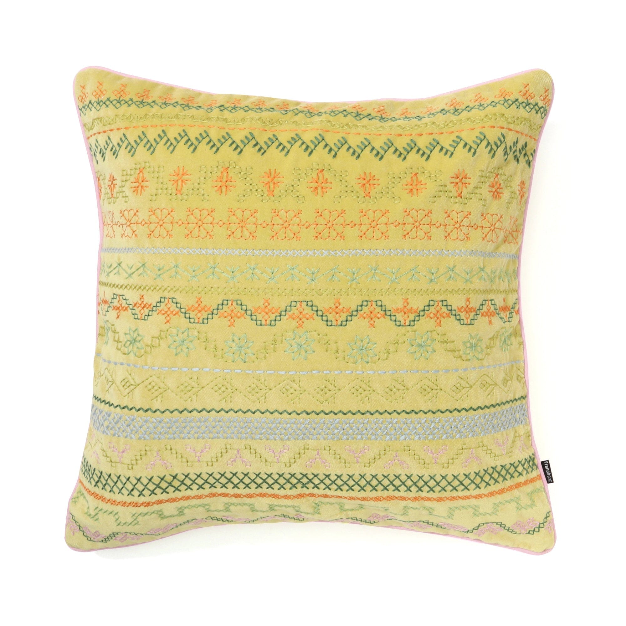 Handmade Ethnic Embroidered Cushion Cover 18x18 Inches Yellow - Bohemian Home Decor for Sofa, Bed & Living Room