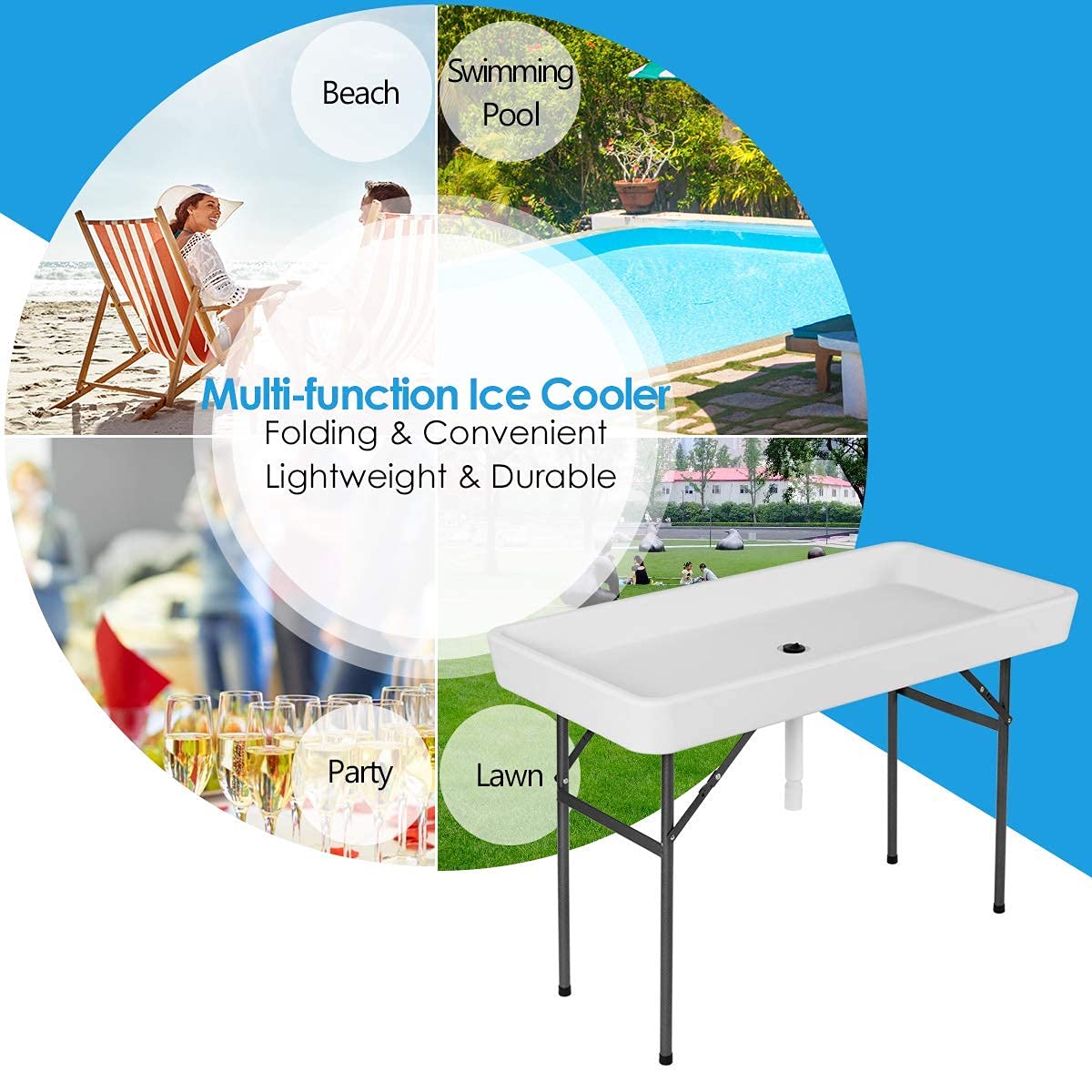 4 Foot Ice Cooler Table with Removable Skirt & Drain Plug - Portable Folding Buffet Table for Outdoor Parties, Picnics, Camping, BBQ & Weddings - Perfect for Chilling Drinks & Keeping Food Fresh