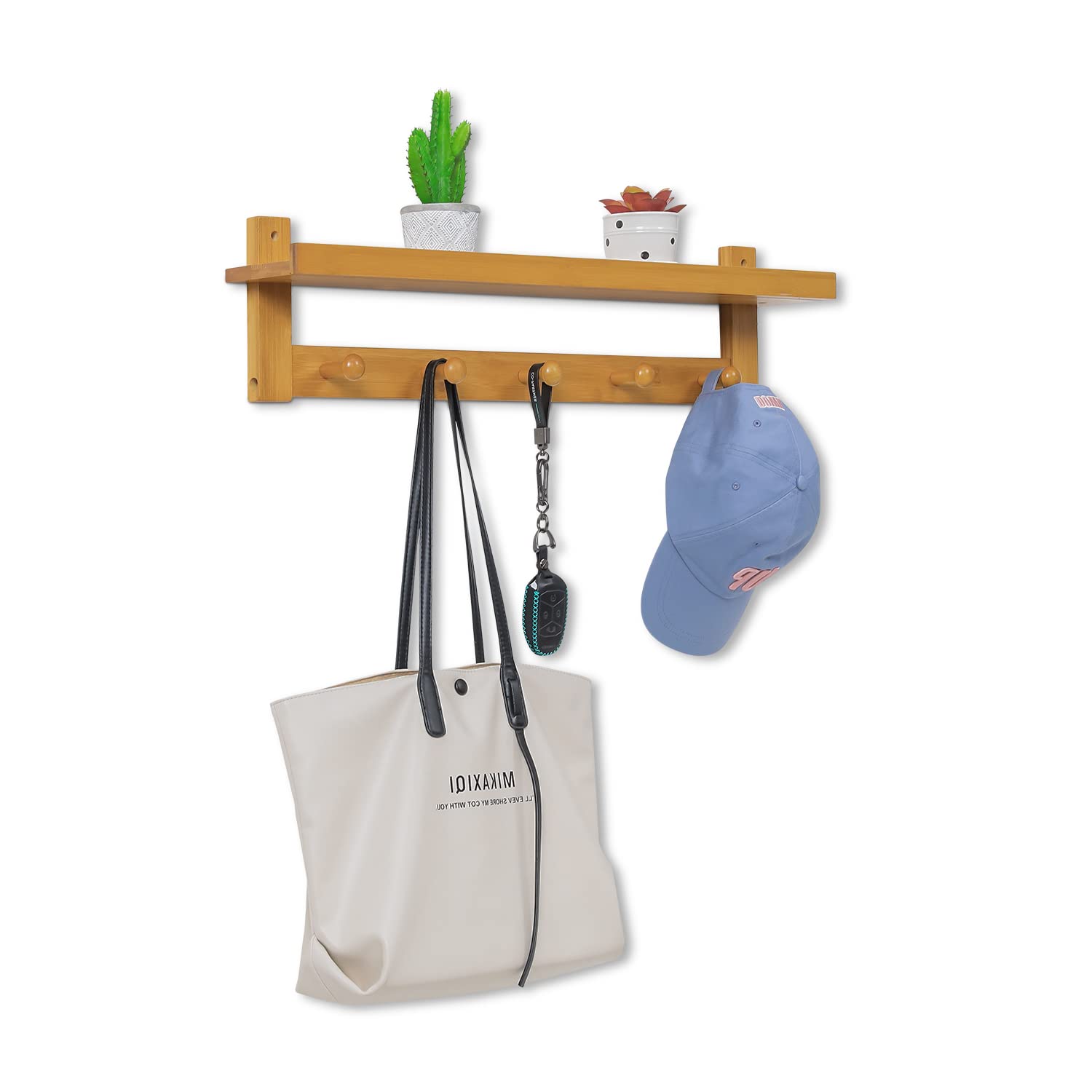 MoNiBloom Wall Mounted Bamboo Coat Rack with Shelf - 5 Hooks for Entryway, Hallway, Bedroom & Bathroom Organization | Space-Saving Storage Solution for Coats, Hats, Bags & Towels