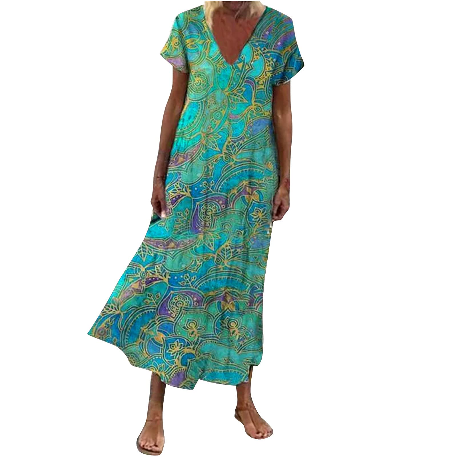 Vintage Flowy Long Maxi Dress for Women - Summer Short Sleeve Ruffle Sundress - Perfect for Beach, Vacation & Casual Outings