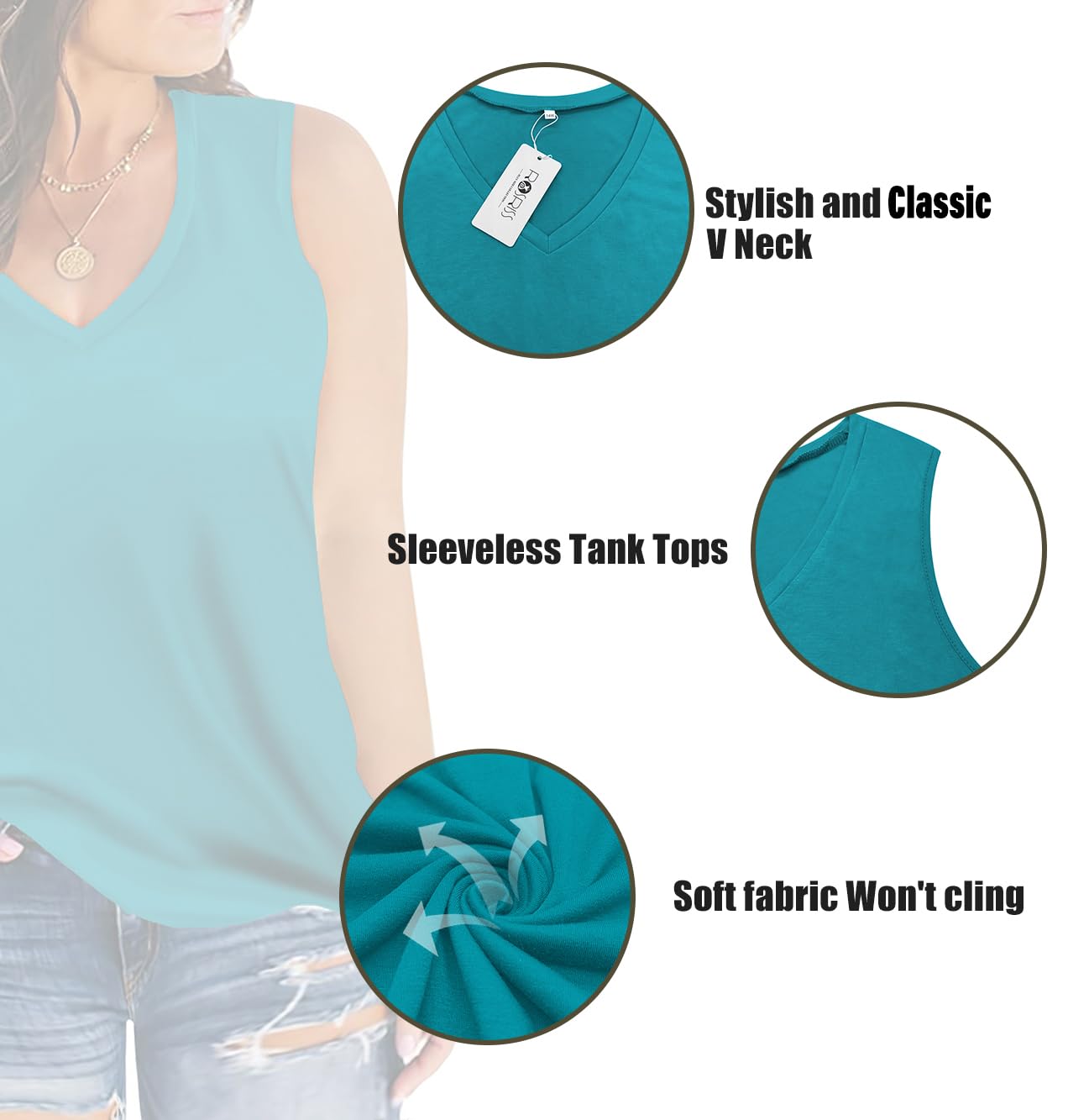 ROSRISS Women's Plus Size V Neck Tank Tops - Summer Sleeveless Casual T-Shirts & Tunics for Everyday Wear, Beach Outfits, and Layering