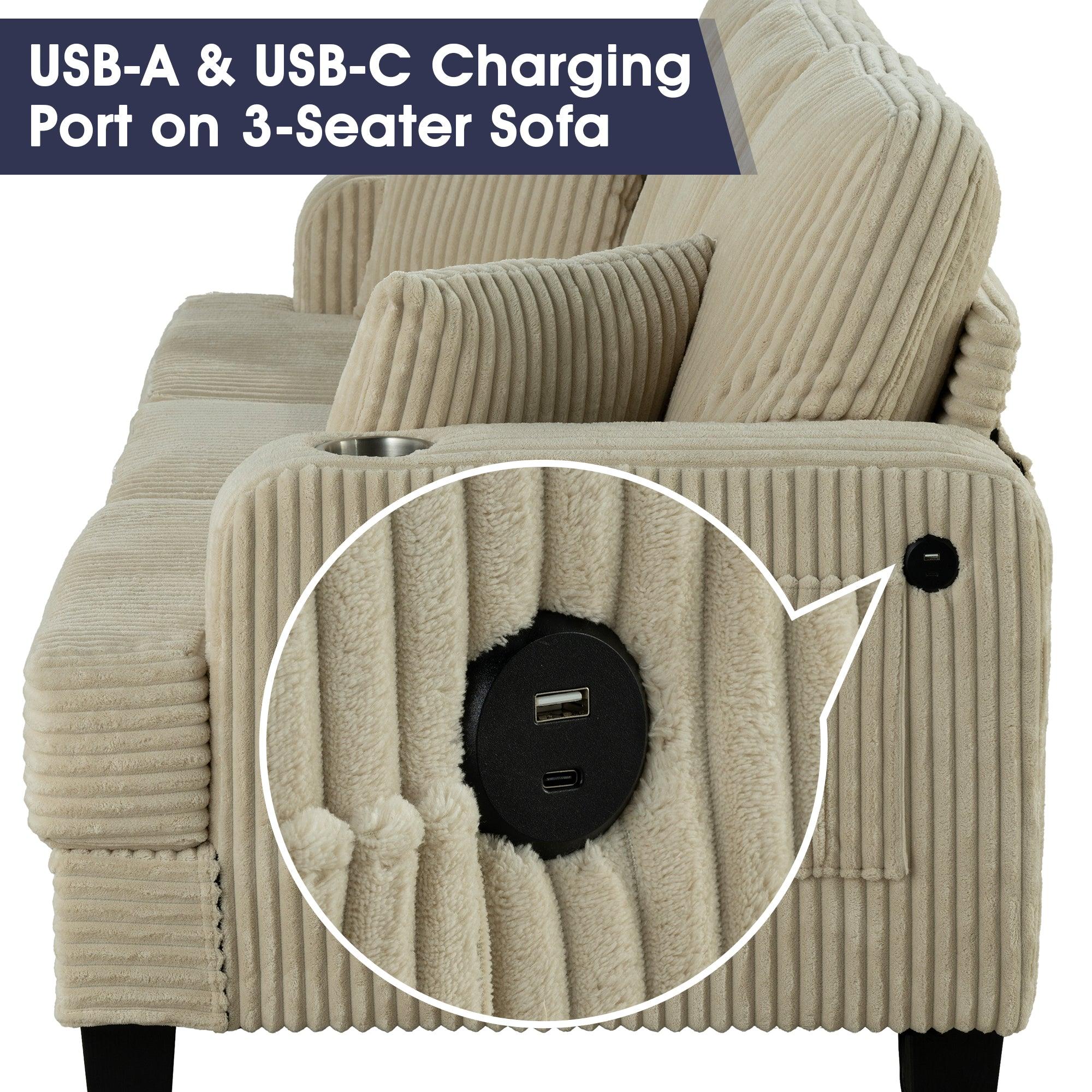 Beige 3-Piece Sectional Sofa Set with Storage Ottoman - 3-Seater Couch & Loveseat for Living Room, Includes USB Charging Ports, Side Pockets & Throw Pillows - Perfect for Family Gatherings, Movie Nights and Small Space Apartments