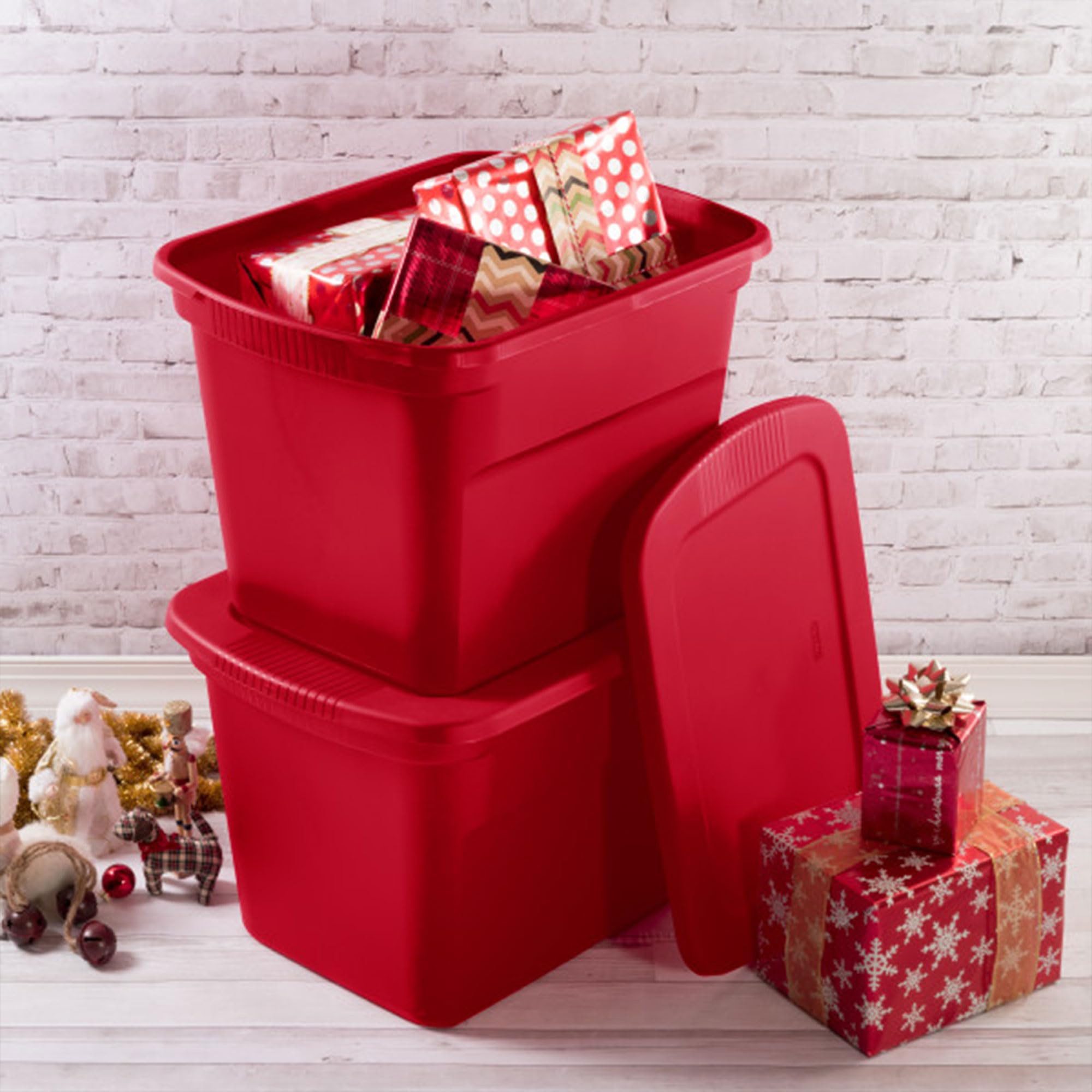 Sterilite 18 Gallon Stackable Storage Tote Bins with Lids (16 Pack) - Red Plastic Containers for Home Organization, Seasonal Decor, Toys & Garage Storage - Perfect for Closet, Basement & Holiday Decorations