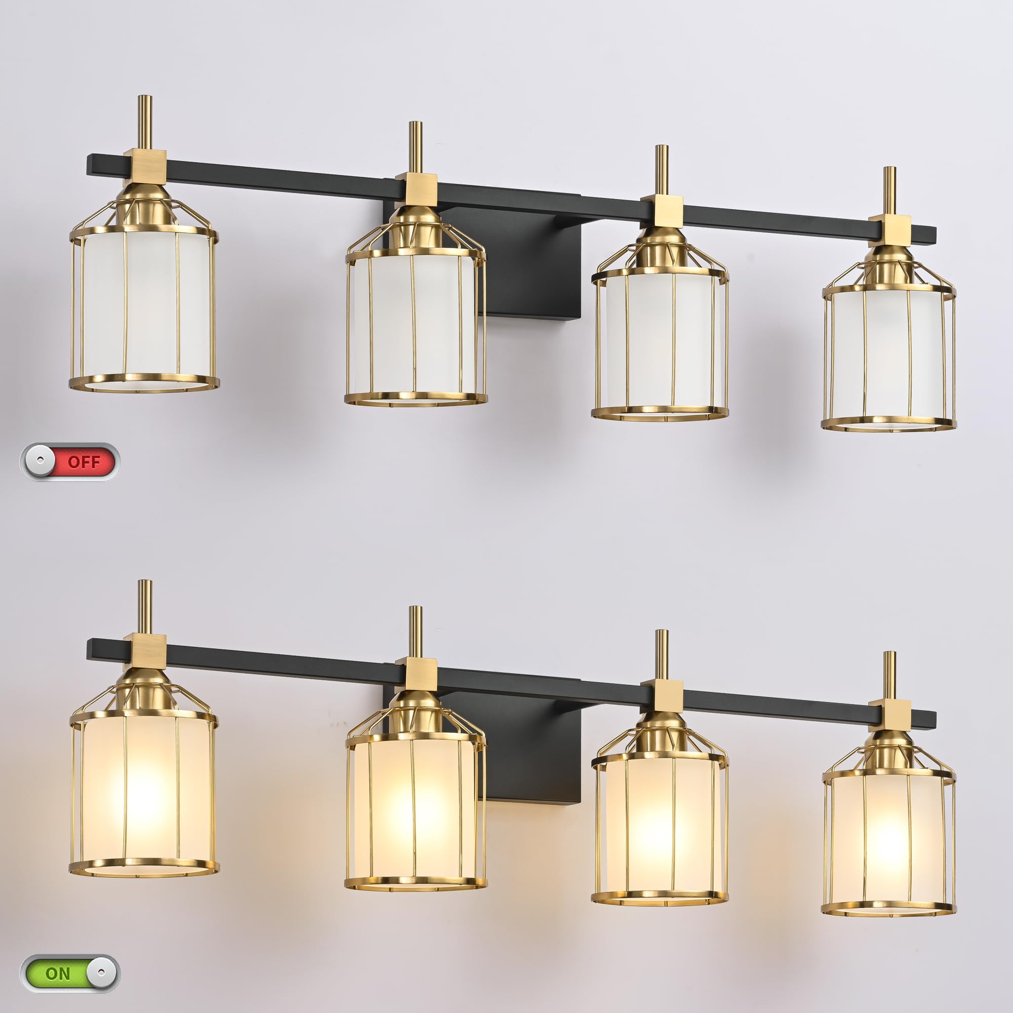 SOLFART 4-Light Modern Bathroom Vanity Lighting Set - Black Brass Finish with Frosted Glass Shades - Perfect for Bathroom Mirror Illumination and Home Decor Upgrade