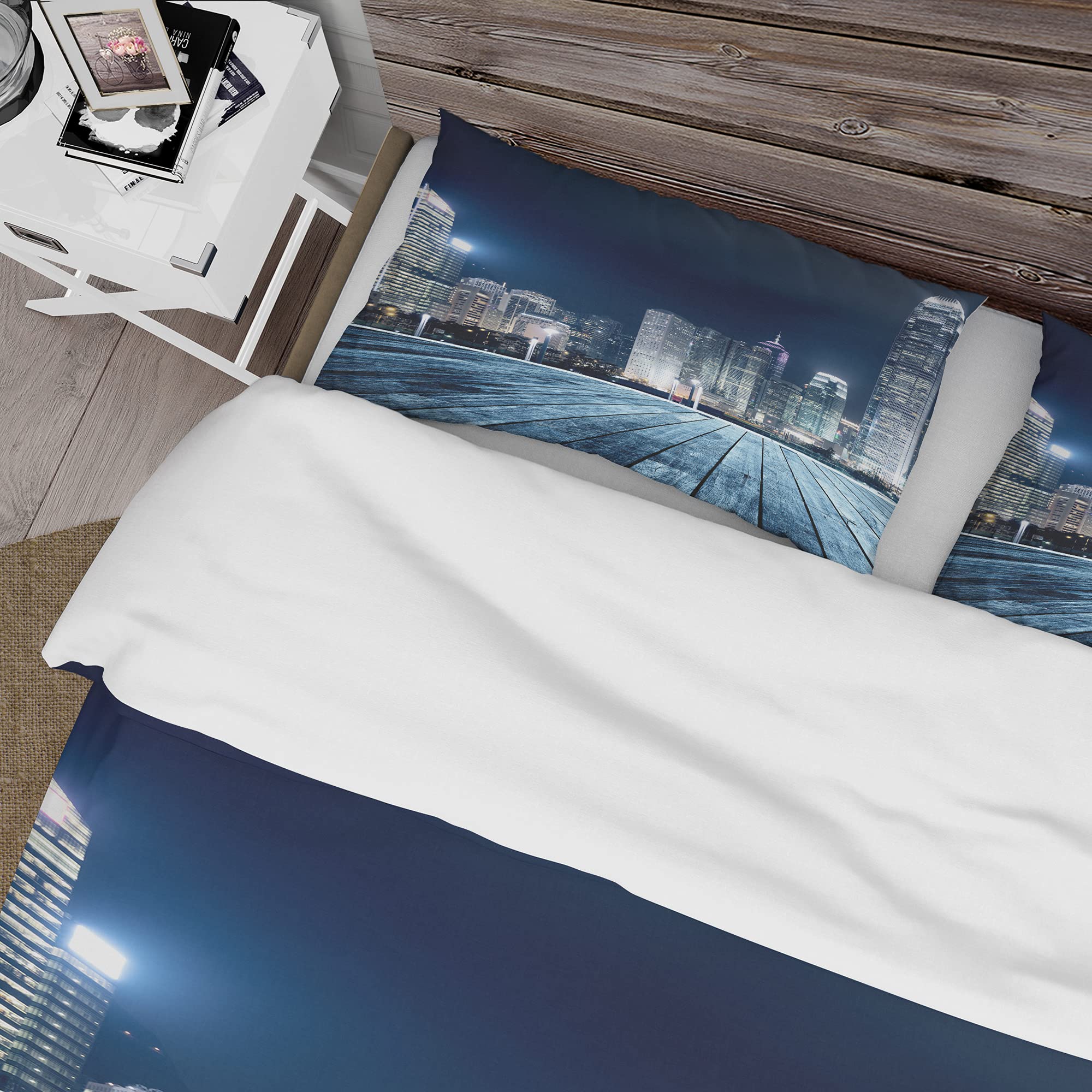 DesignQ Blue Hong Kong City Skyline Industrial Duvet Cover Set - Twin Size 3-Piece Architecture Bedding | All Season Comfort for Modern Bedrooms & Urban Loft Decor