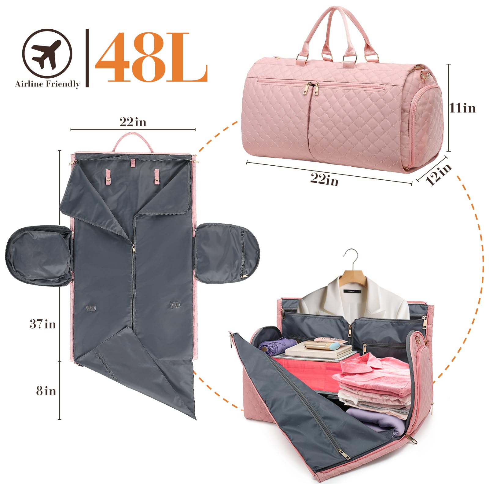 2-in-1 Convertible Carry On Garment Bag with Premium SBS Zipper | Upgraded Anti-Slip Design | Detachable Shoulder Strap | Toiletry Compartment & Shoe Pouch | Travel Duffel Bag for Women | Perfect for Business Trips, Weekend Getaways & Airplane Travel