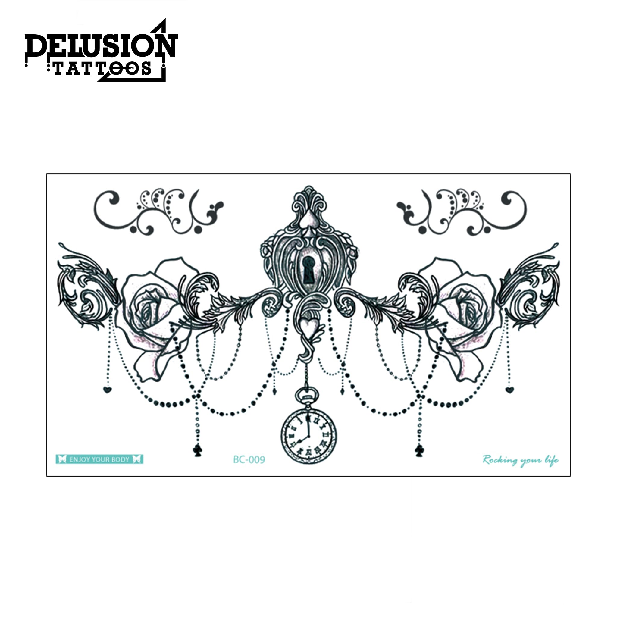 Delusion Tattoos Temporary Tattoo Set - Rose & Pocket Watch Pendant Chain with Black Beads, Realistic Waterproof Transfer Stickers for Wrist, Arm, Chest, Back Body Art - Perfect for Men, Women, Kids Costume Parties, Halloween, Cosplay & Fashion Events