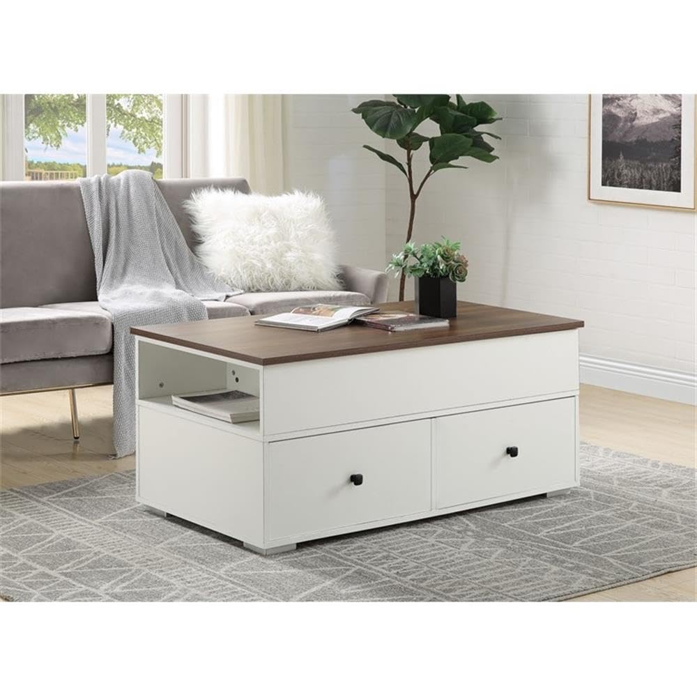 Acme Aafje 2-Drawer Wooden Coffee Table - White & Walnut Finish - Modern Living Room Furniture for Small Spaces, Home Decor, Apartment Essentials