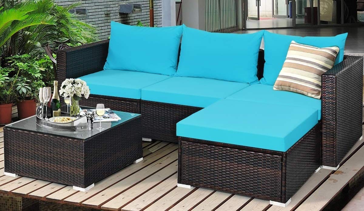 5-Piece Patio Conversation Set - Rattan Wicker Outdoor Sectional Sofa with Coffee Table & Cushions - Perfect for Garden, Lawn, Porch & Backyard Relaxation