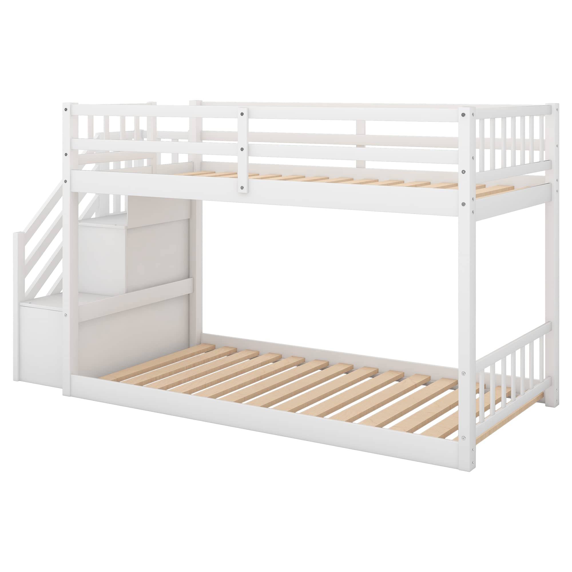 Bellemave White Wood Twin Over Twin Bunk Bed with Storage & Stairs - Low Profile Kids Bunk Bed for Toddler Boys & Girls - Perfect for Small Bedrooms, Shared Kids Rooms & Space-Saving Sleep Solutions