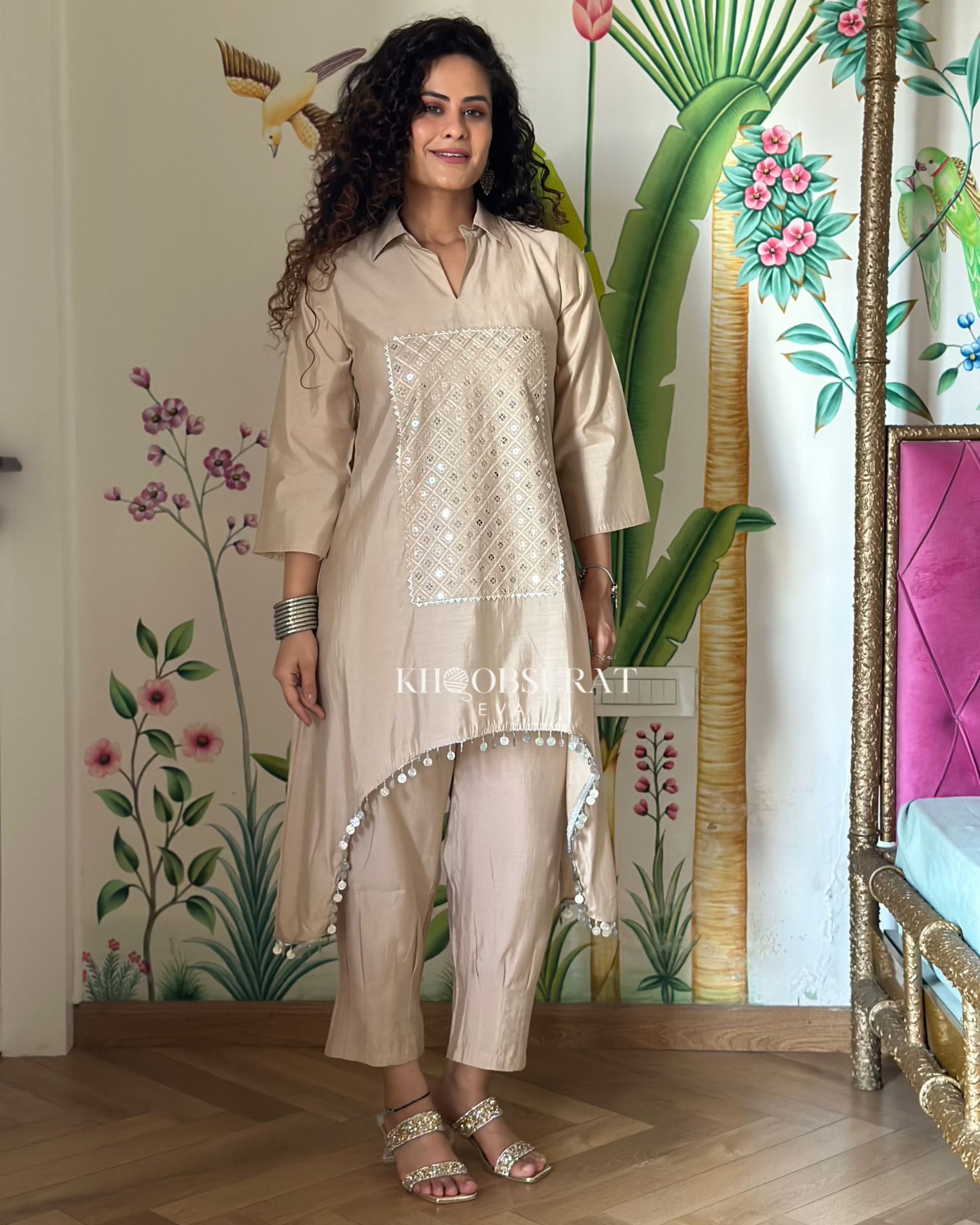 Bonjour Begum Beige Sequin Kurta Set - Elegant Indian Embroidered Top & Pants Outfit for Women | Perfect for Weddings, Parties & Festive Occasions