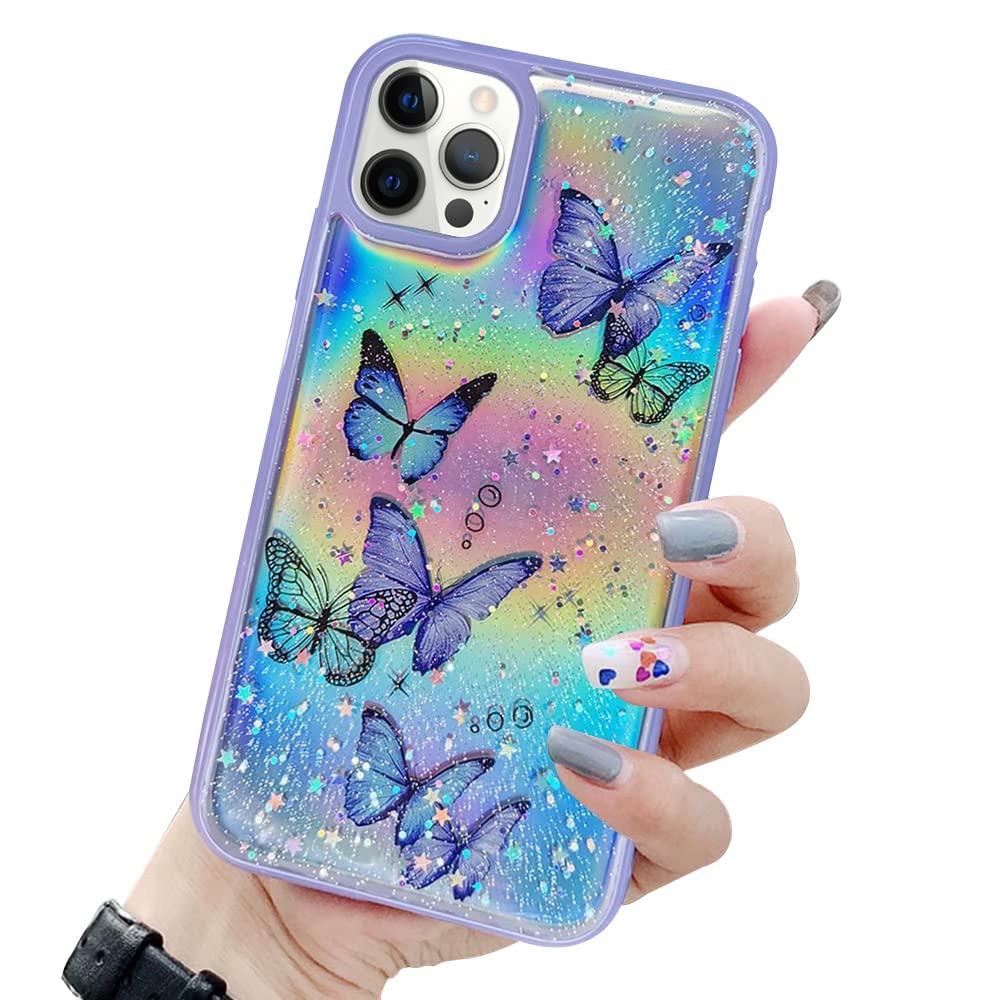 **LCHULLE Cute Iridescent Butterfly Glitter Case for iPhone 12 Pro Max – Soft TPU Bumper with Laser Bling Stars, Drop Protection – Trendy Girly Phone Cover for Women & Girls (Purple) | Perfect for Everyday Use, Parties & Gift Giving**