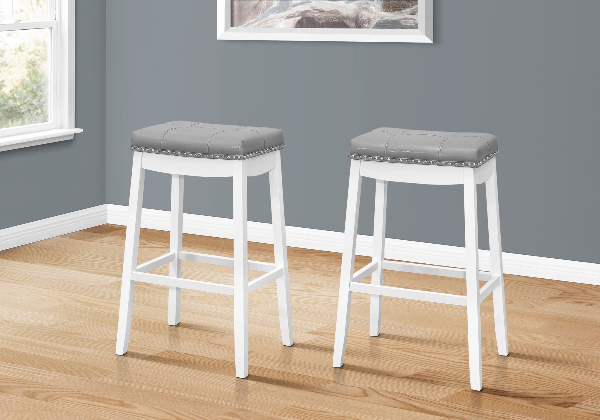 2-Pack Grey Leather Look Bar Stools with White Base, 29