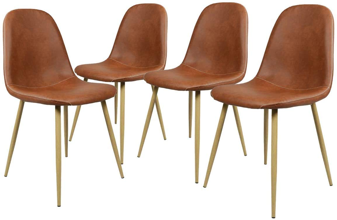 GreenForest Set of 4 Washable PU Leather Dining Chairs with Upholstered Seats & Metal Legs - Modern Kitchen & Living Room Side Chairs in Camel Brown | Perfect for Dining Areas, Breakfast Nooks & Small Spaces