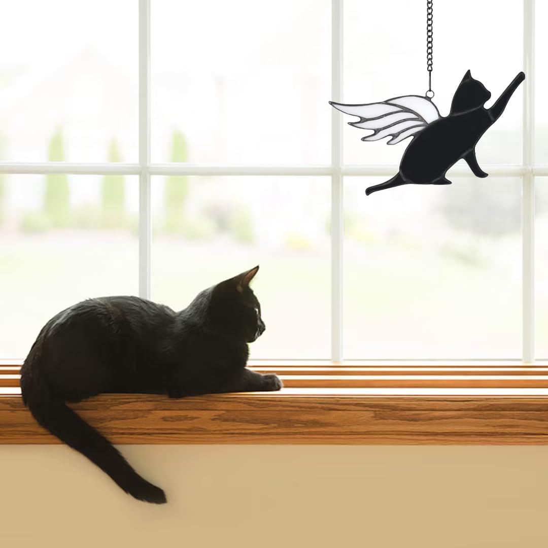 Angel Wing Cat Memorial Gift - Stained Glass Suncatcher for Pet Loss Remembrance, Home Decor