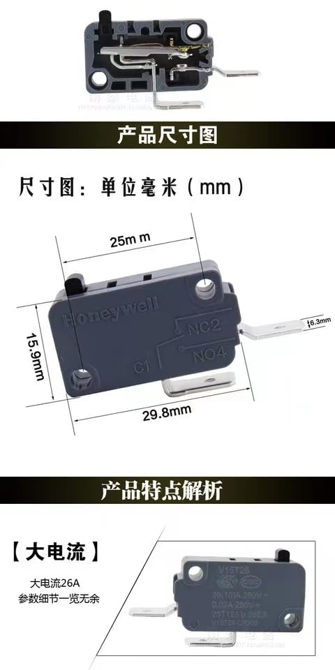 Honeywell V15T26-CP300 26A 250V High Current Microswitch for Microwave Ovens, Water Dispensers & Electric Water Heaters - Durable Replacement Part for Home and Commercial Appliances