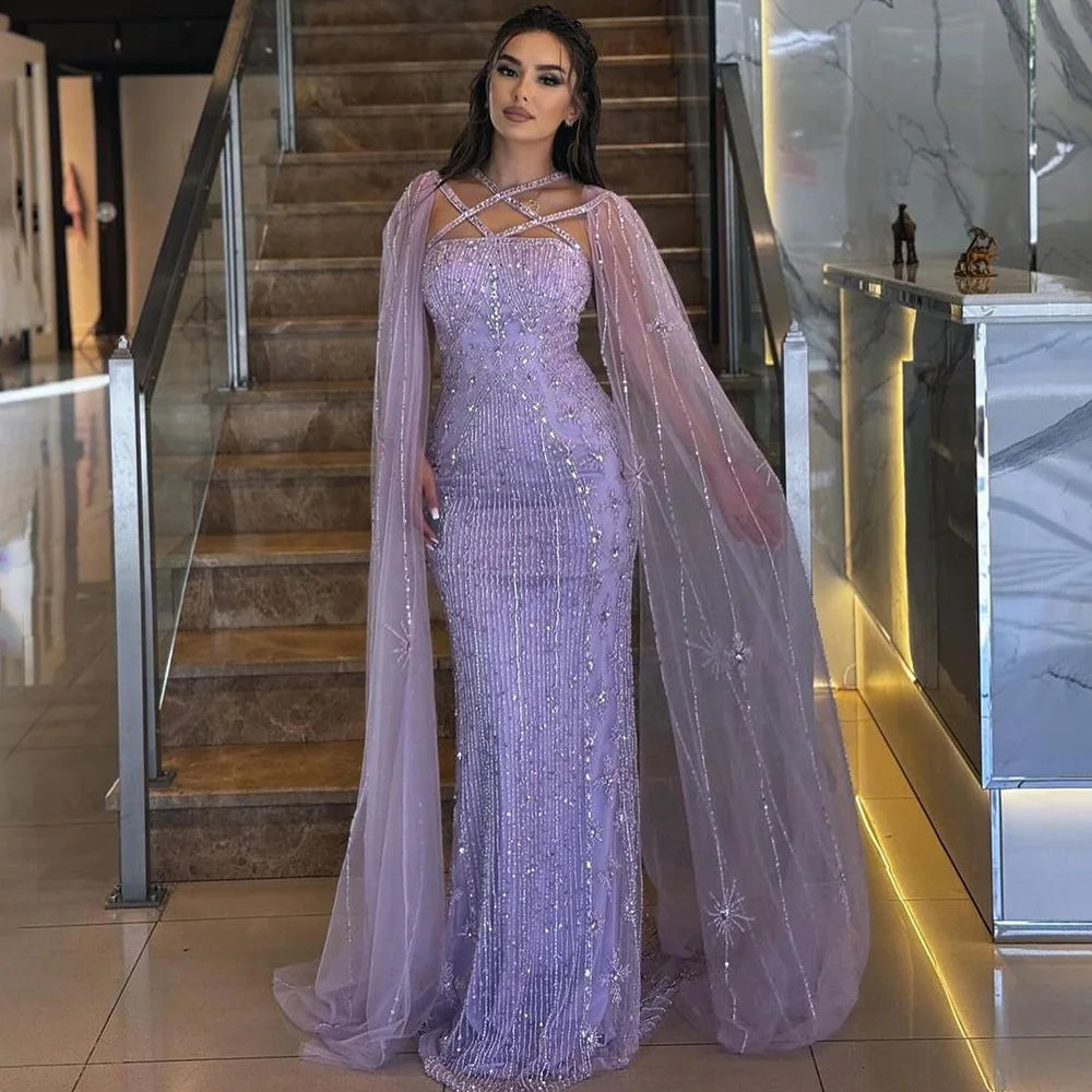 Elegant Beaded Mermaid Evening Gown with Cape Sleeves for Women - Luxury Dubai Wedding Party Dress 2025 | Perfect for Red Carpet Events, Galas & Formal Occasions