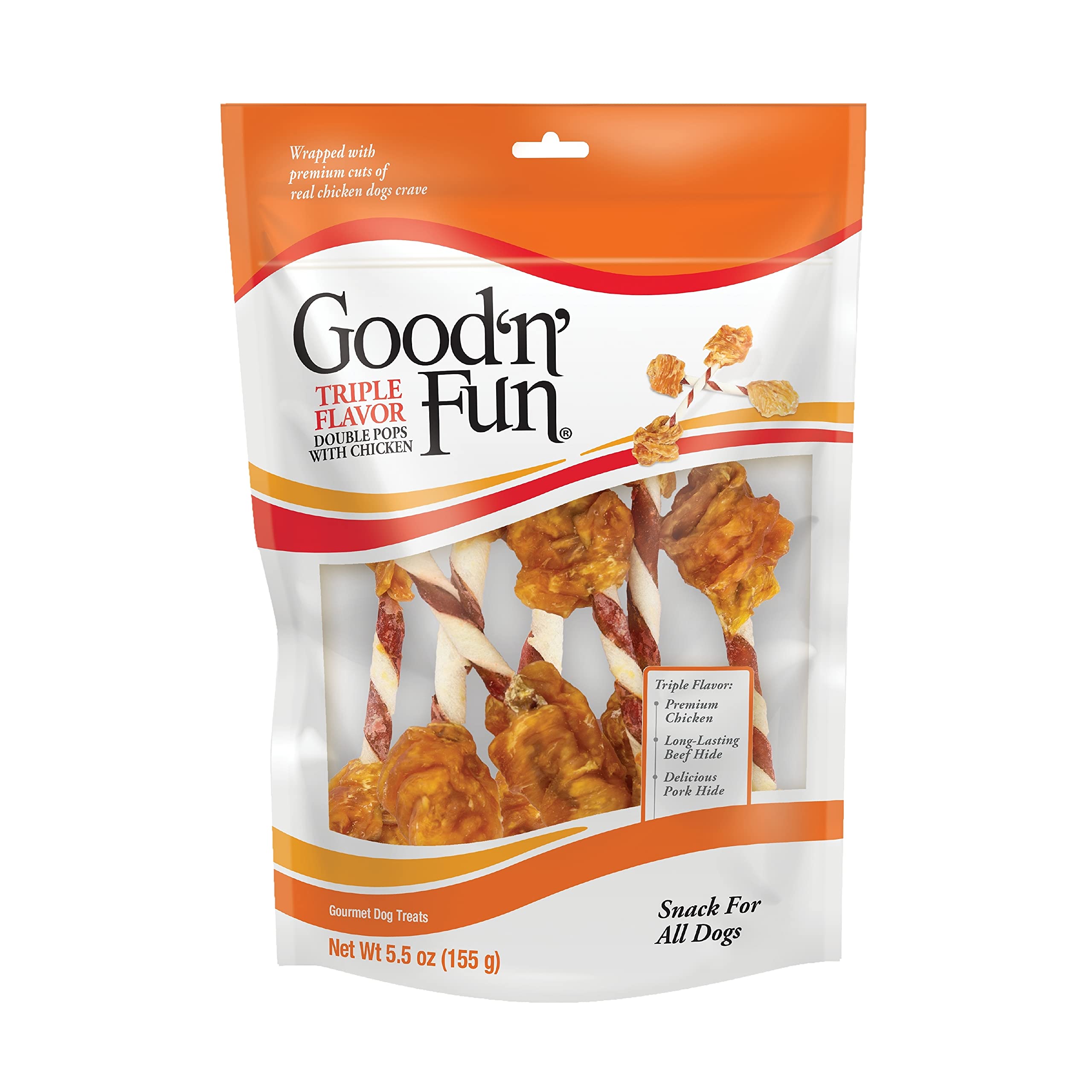 Good 'n' Fun Triple Flavor Double Pops with Chicken 5.5oz - Gourmet Dog Treats for Small & Large Breeds (3 Pack) - Perfect for Training Rewards, Chewing Fun & Dental Health