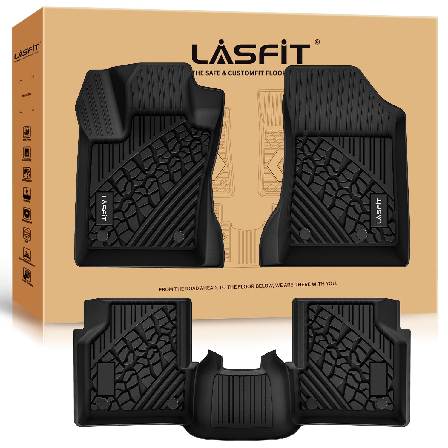 LASFIT Custom Fit All-Weather TPE Floor Mats for Jeep Compass 2017-2025 - 1st & 2nd Row Black Car Floor Liners | Durable Protection for Mud, Snow & Spills