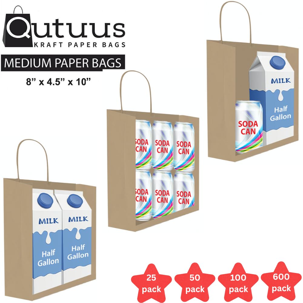 600 Pcs Kraft Paper Gift Bags Bulk 8x4.5x10 Inches - Eco-Friendly Brown Shopping Bags with Handles for Retail, Parties, Weddings & Events